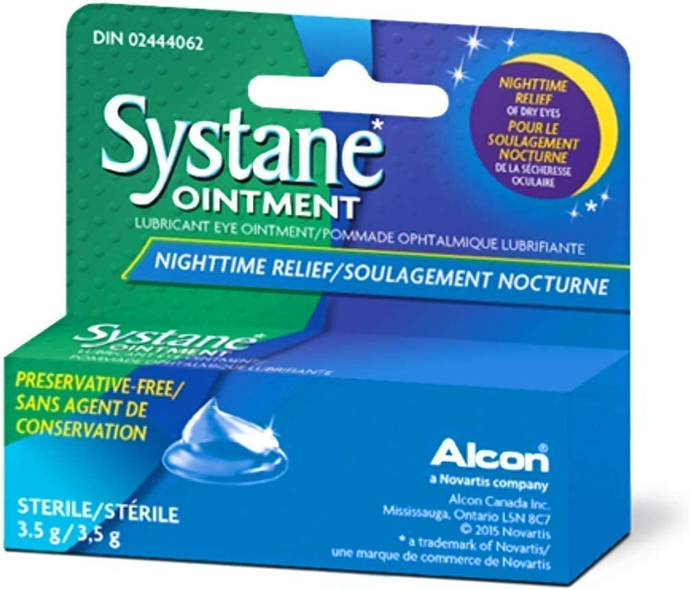 Pommade oculaire nocturne Systane, bouteille, offre confort nocturne prolongé pour les yeux secs.