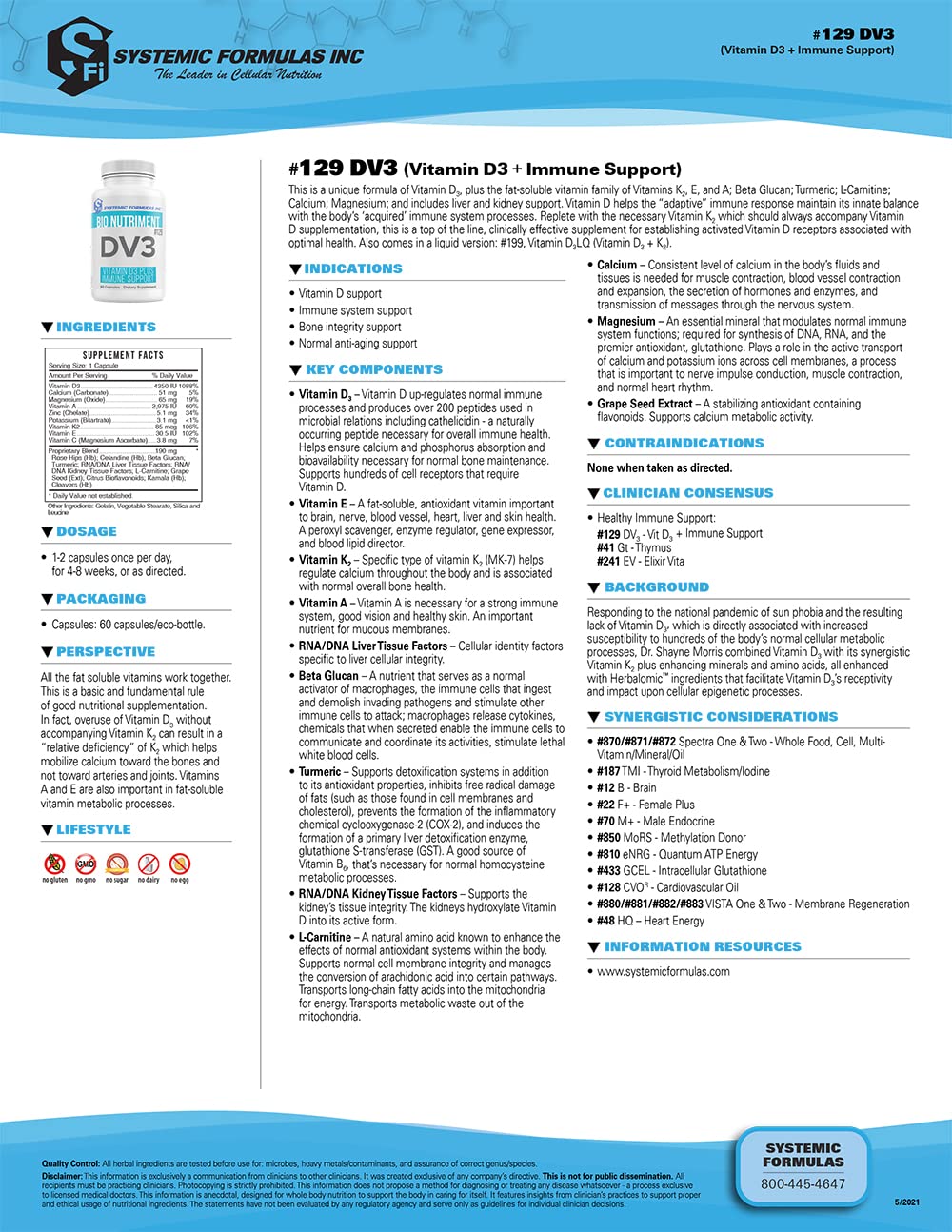 Systemic Formulas DV3: étiquette soulignant le duo D3/K2 et le soutien minéral.