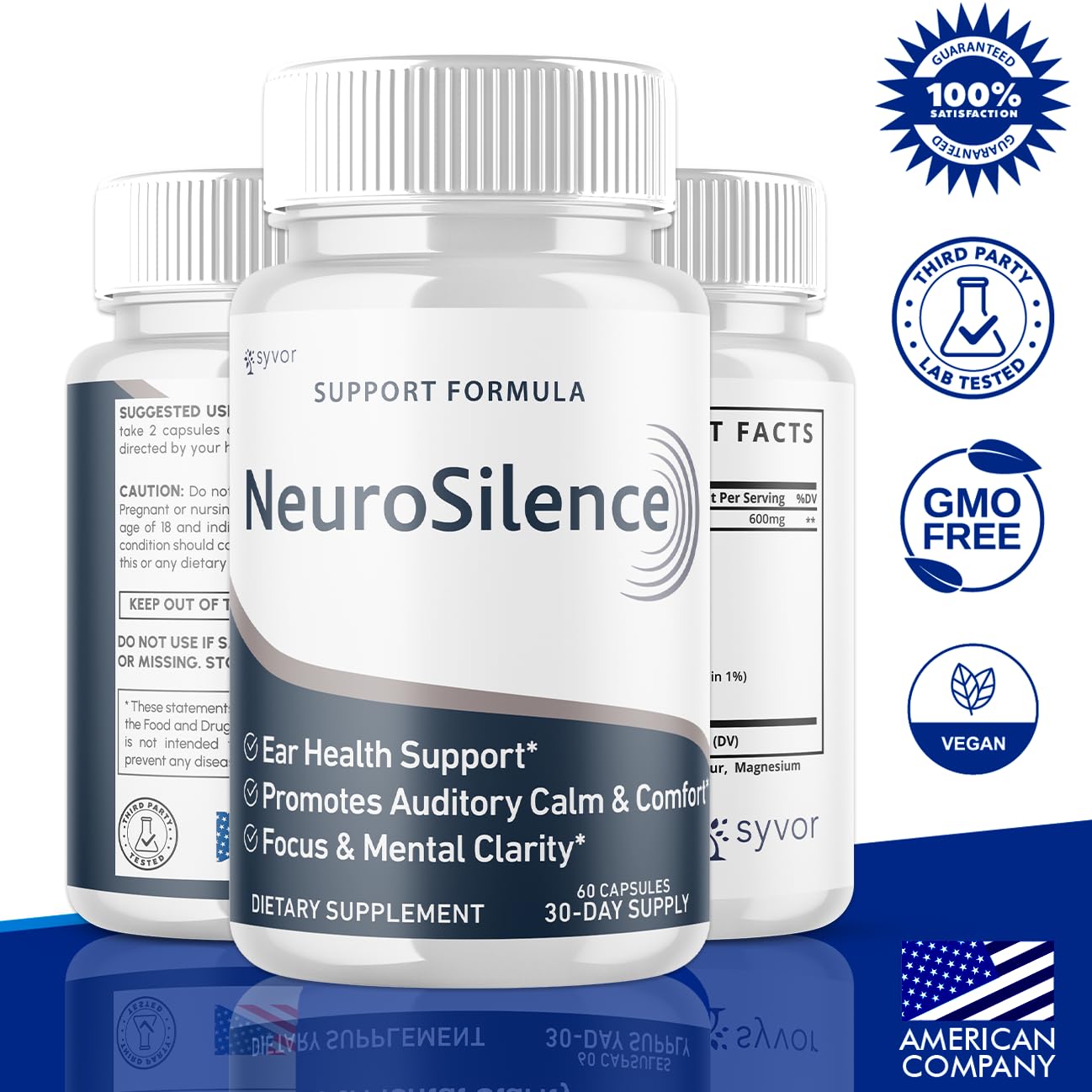 Syvor Neurosilence – bouteille ouverte montrant les capsules, utilisation facile.