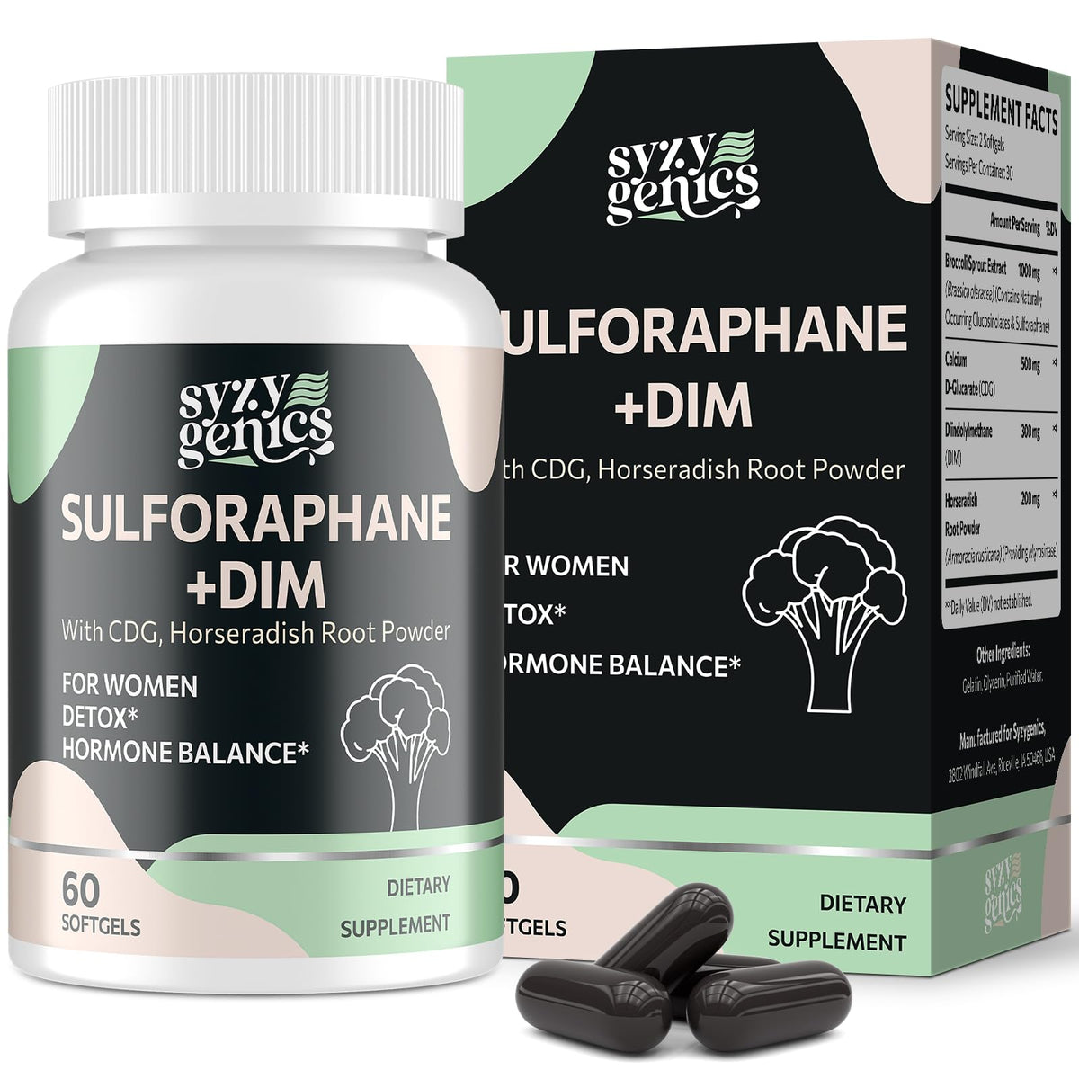 SYZY GENICS bouteille sulforaphane montrant le format végan et pratique