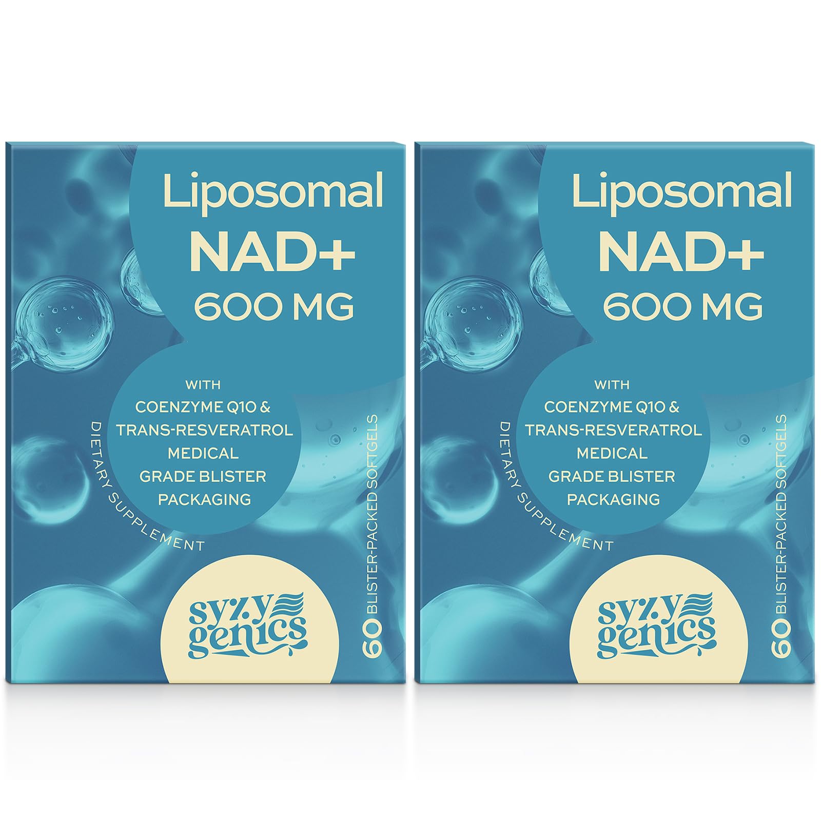 SYZY GENICS NAD+ supplément en bouteille, énergie naturelle et équilibre cellulaire.
