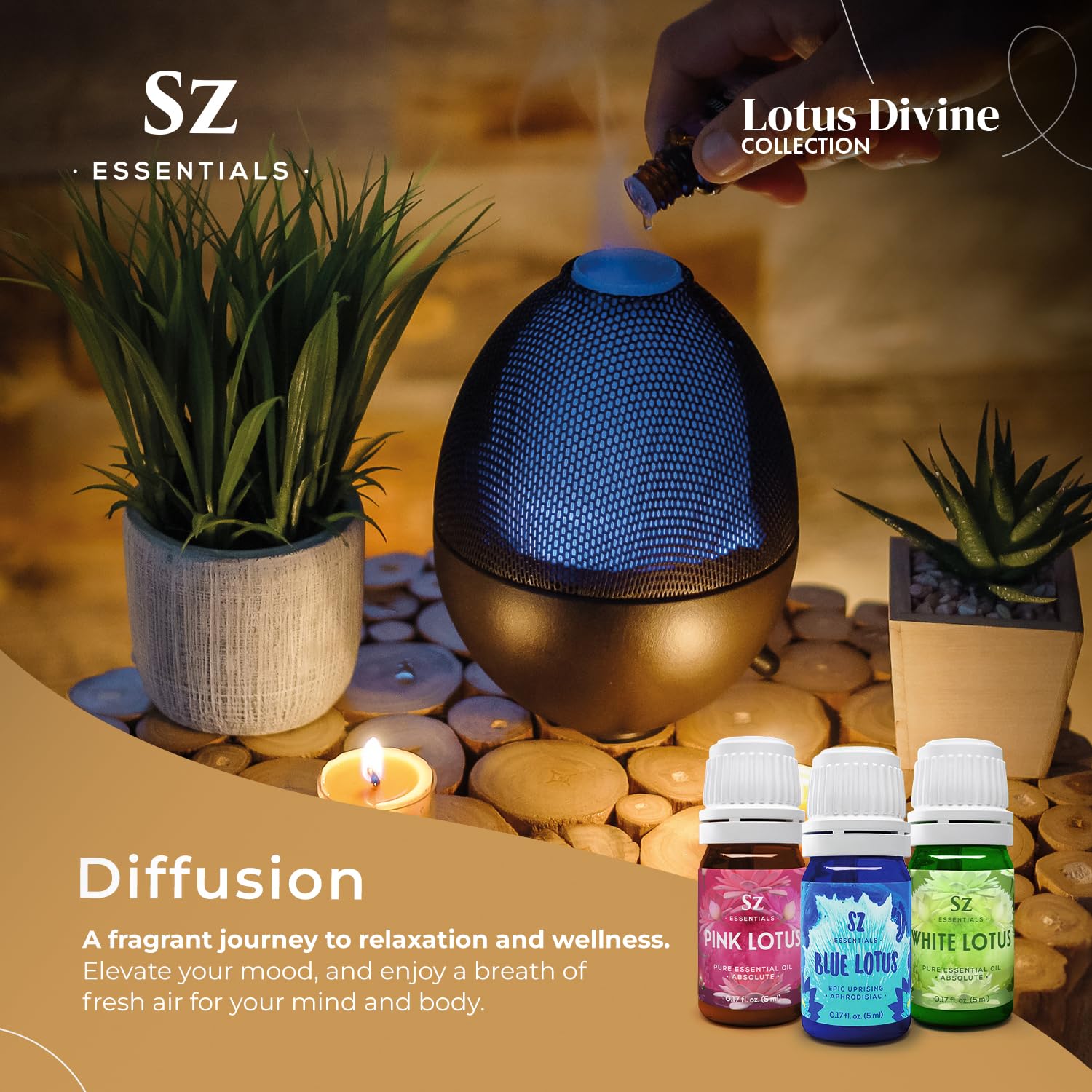 Sz Essentials Lotus Bleu Diffusion - ambiance méditative dans l'espace.