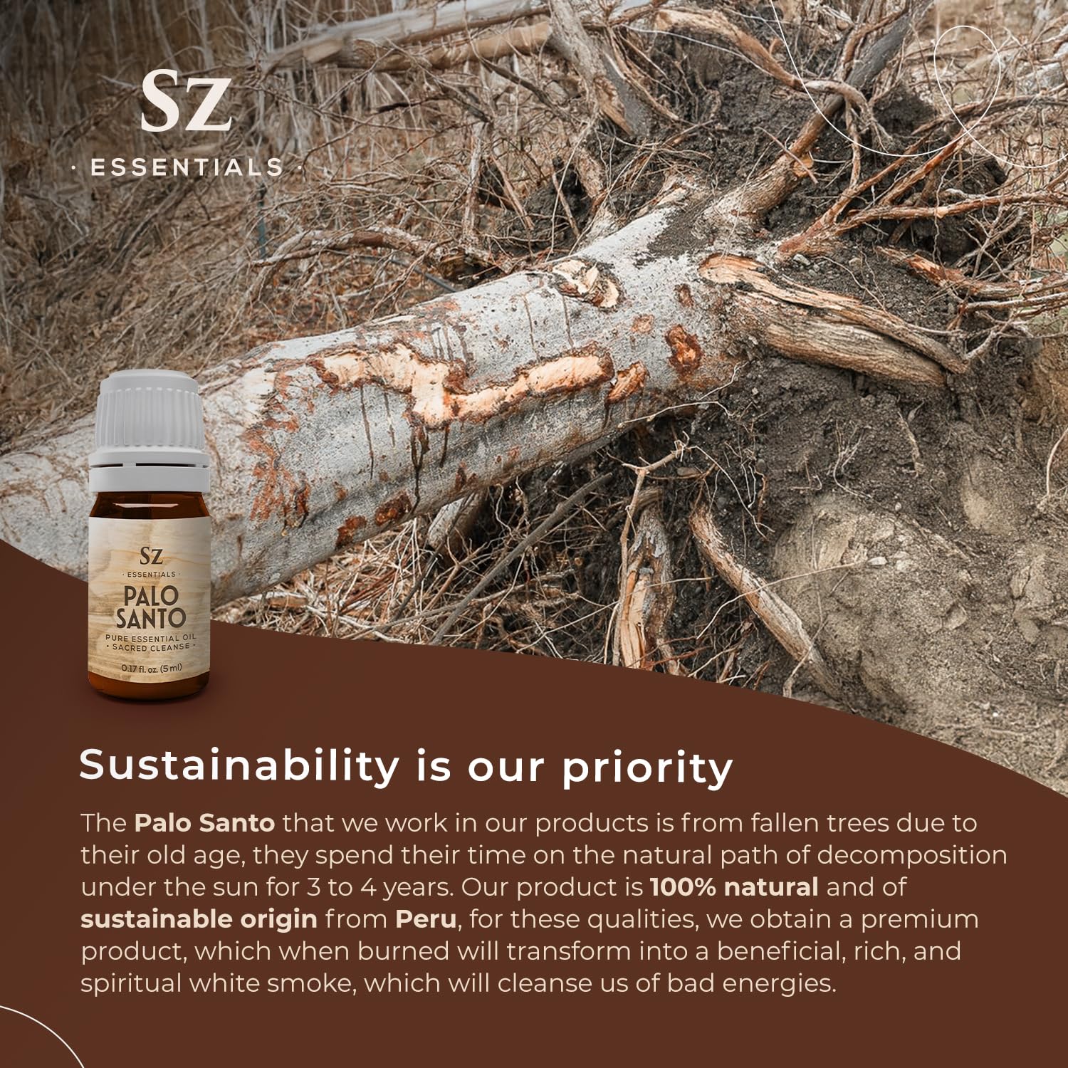 Sz Essentials Palo Santo purifiée pour purification énergétique et méditation.