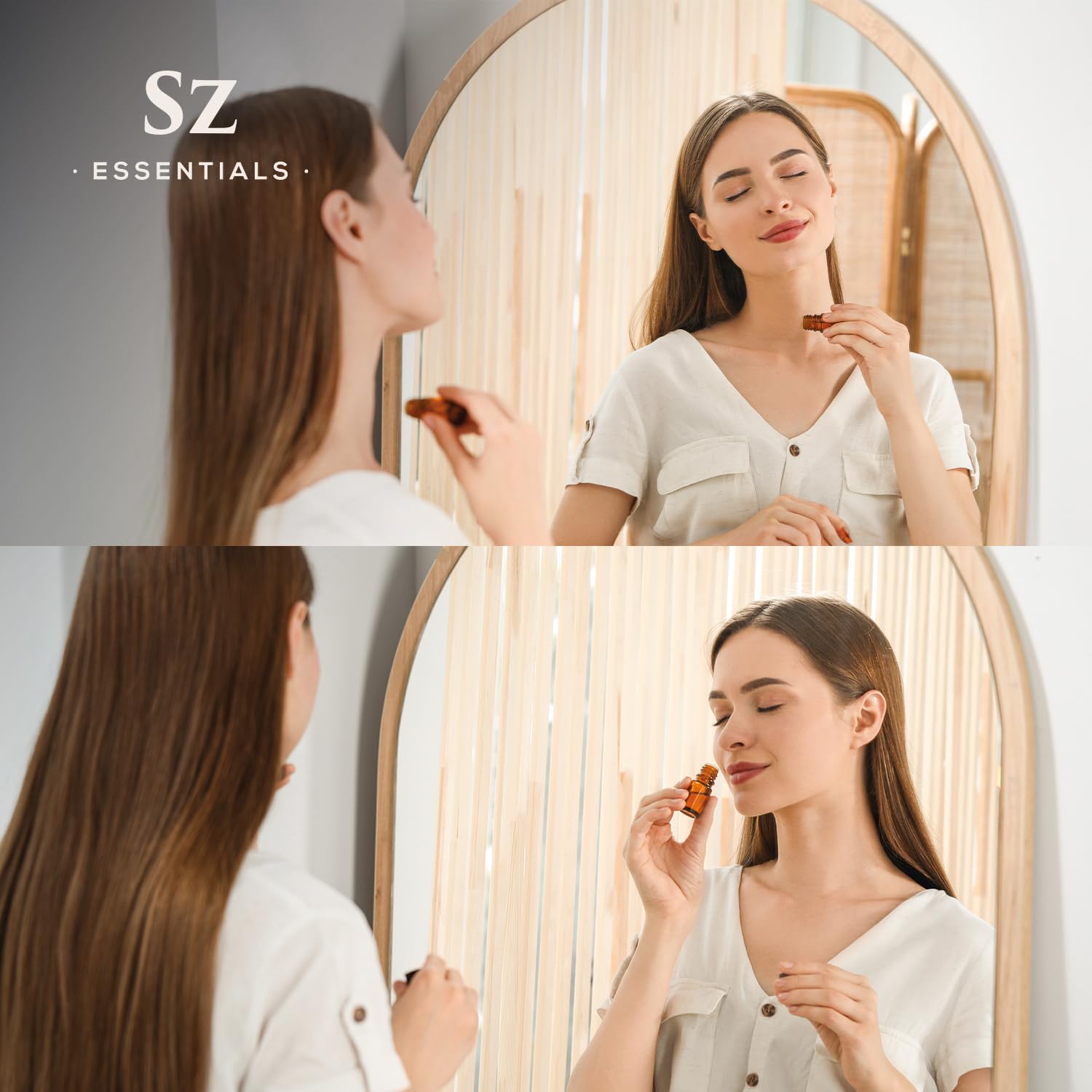 Sz Essentials usage cosmétique maison: parfums légers et soins relaxants.