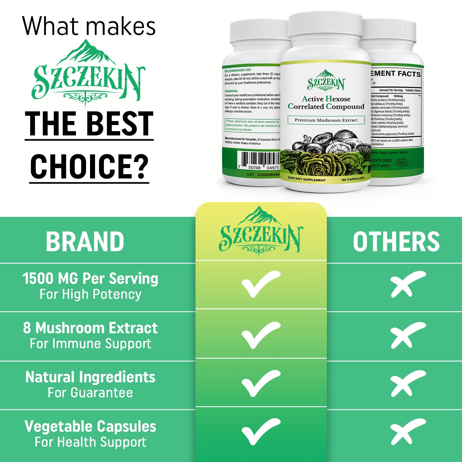 SZCZEKIN AHCC 1500 mg – étiquette et dosage sur le flacon