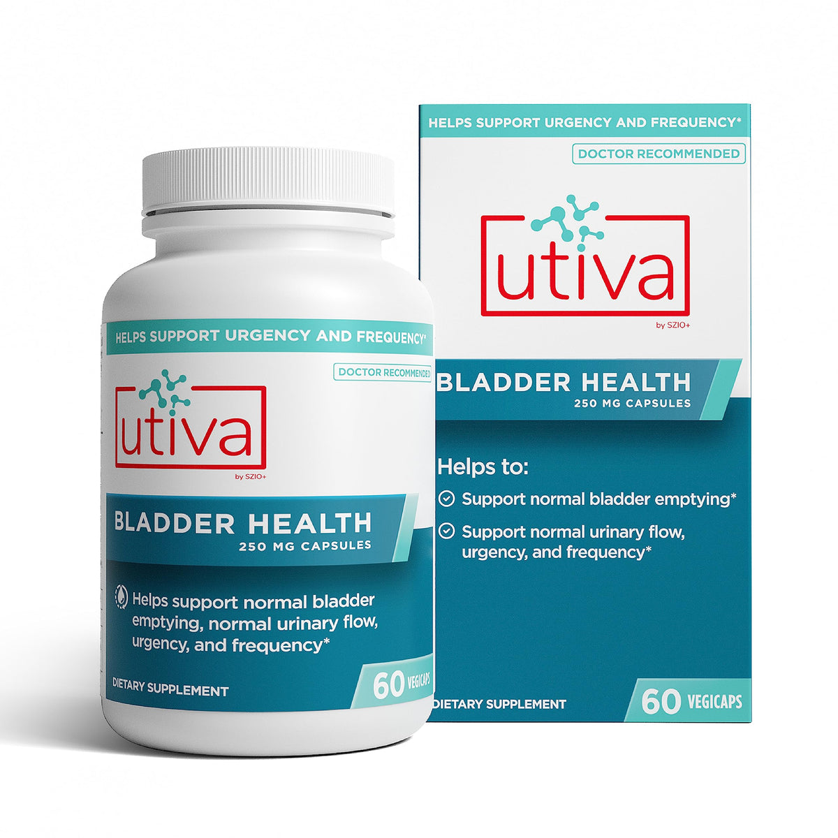 Szio+ Utiva flacon montrant le complément pour soutenir la santé urinaire au quotidien.
