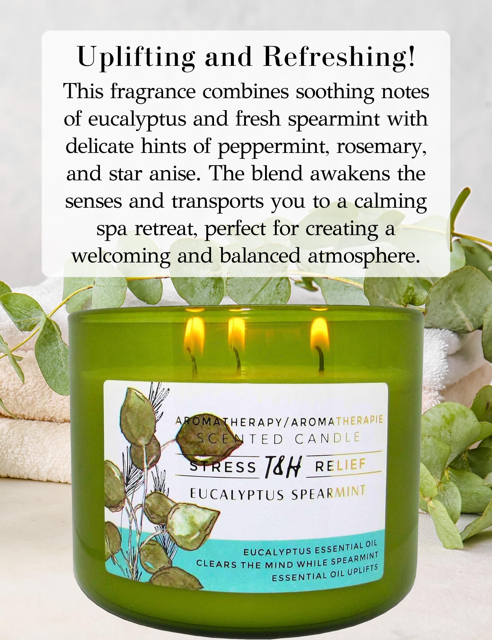 Bougie T&H Eucalyptus Menthe Poivrée dans un verre vert, ambiance apaisante.