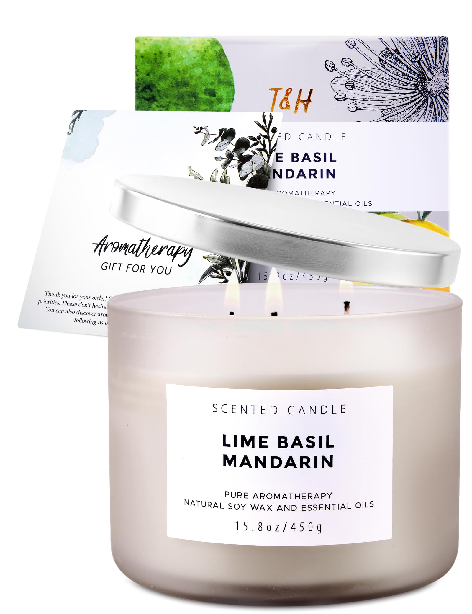 Bougie T&H Lime Basil Mandarin brûle proprement grâce à la cire de soja et mèches coton