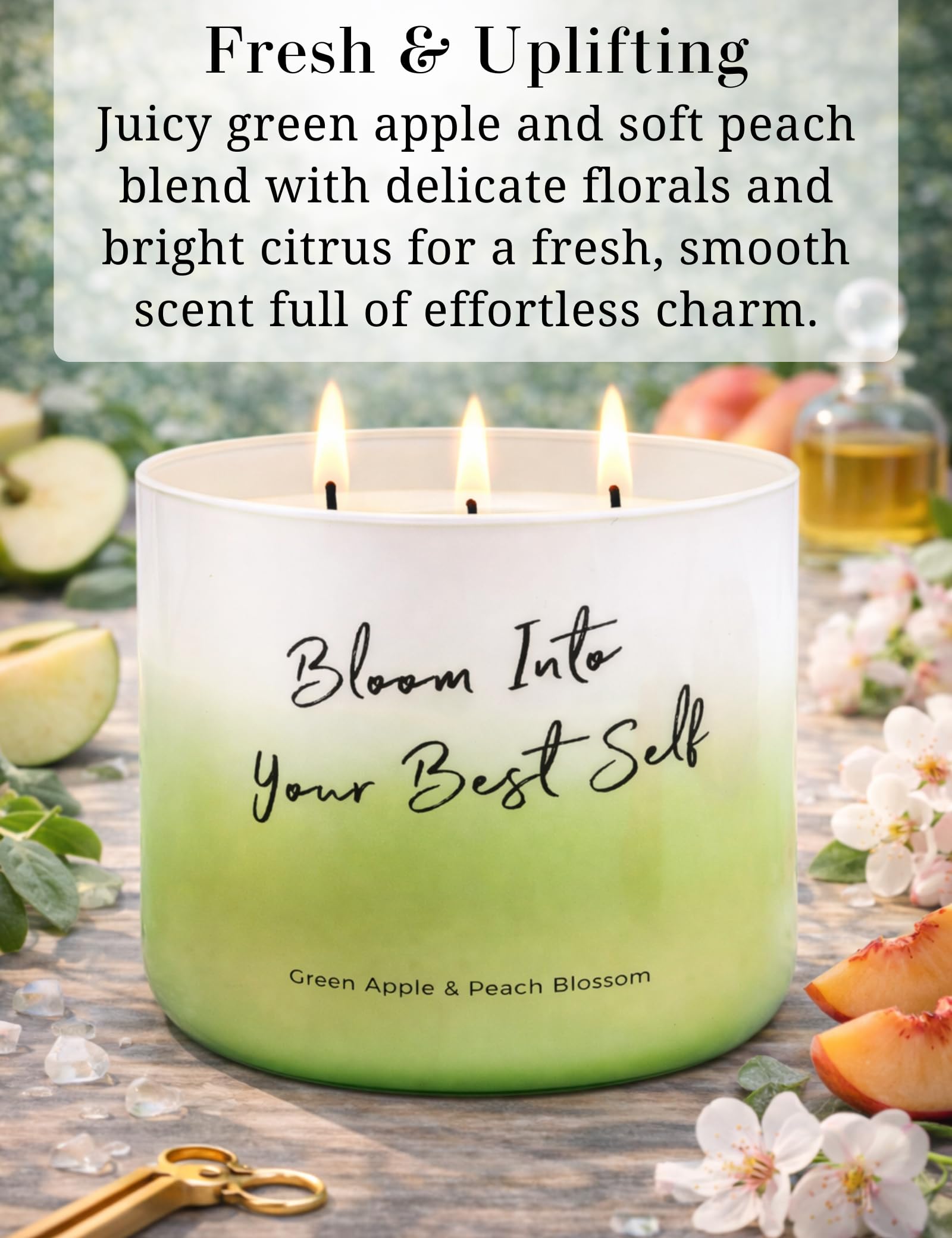 Bougie T&H avec verre ombré vert et blanc, ambiance lumineuse et parfum fruité.