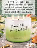 Bougie T&H avec verre ombré vert et blanc, ambiance lumineuse et parfum fruité.