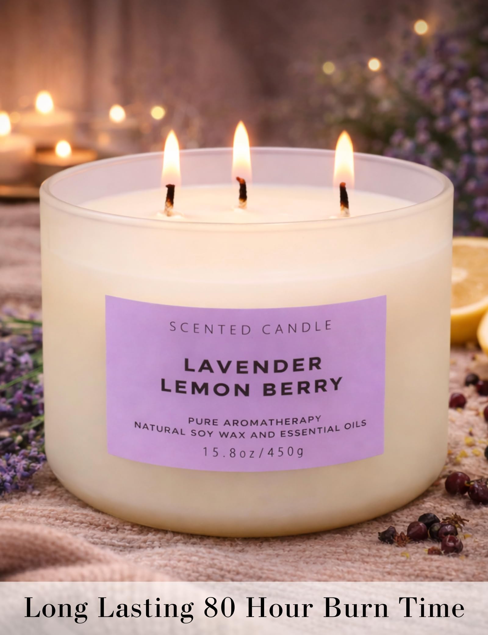 Bougie T&H prête à offrir, caractère cadeau avec Lavande-Citron-Fruits.