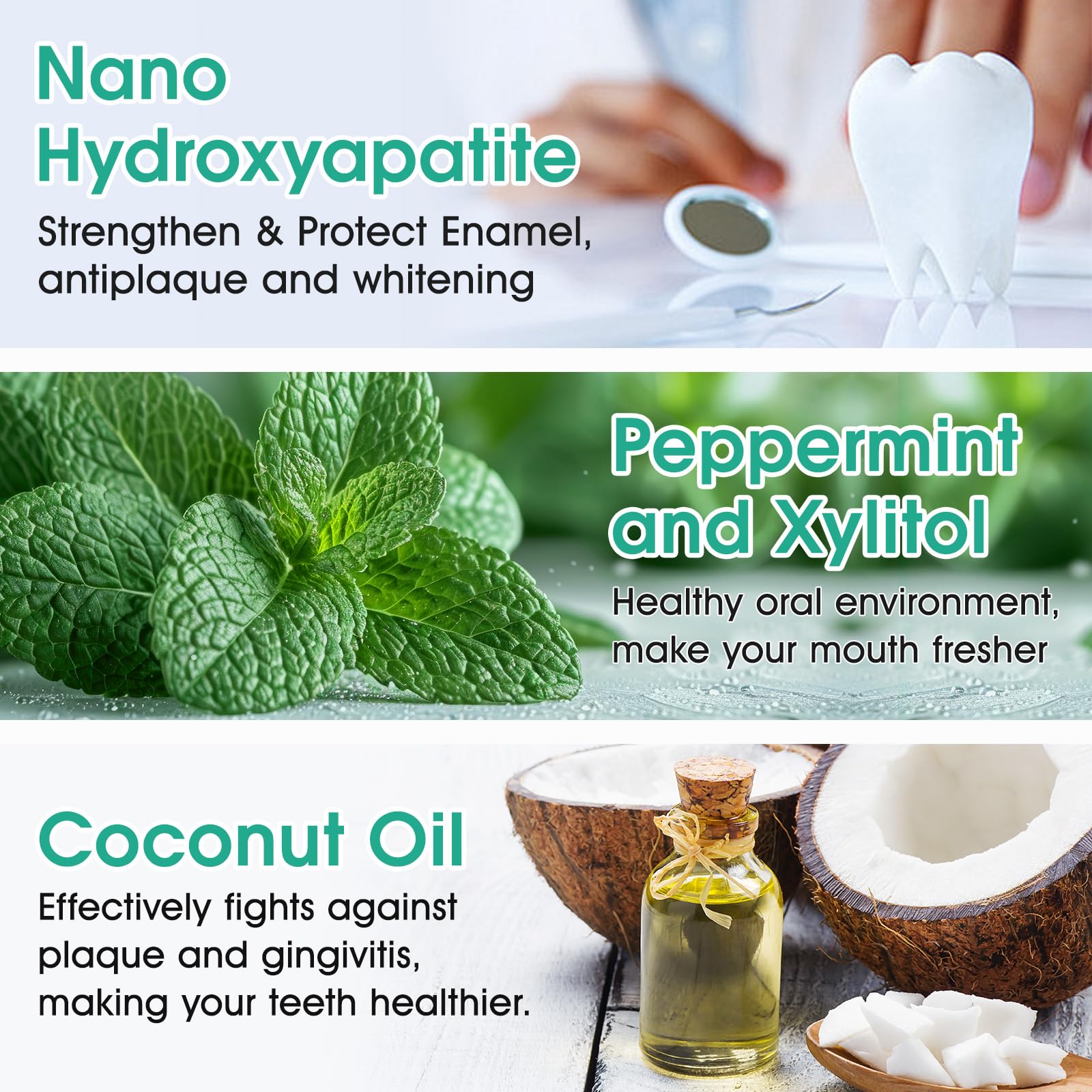 Tablettes dentifrice menthe naturelle offrant haleine fraîche après utilisation.
