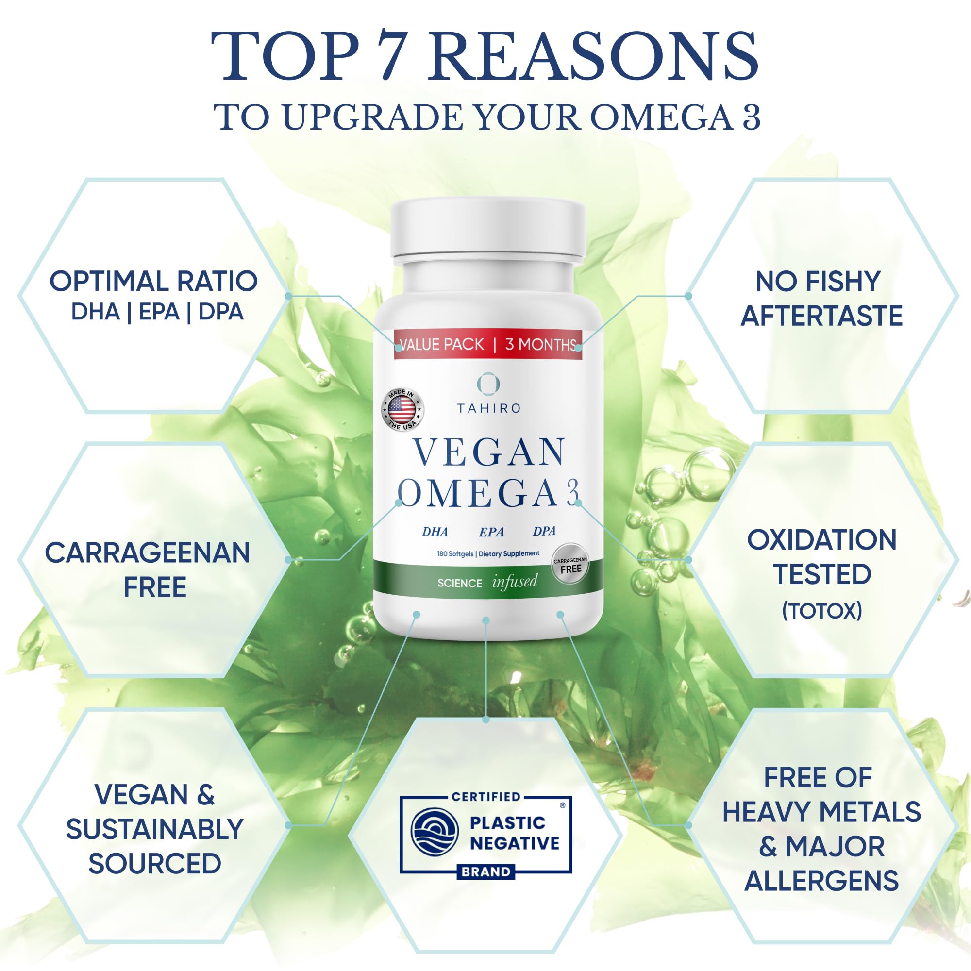Étiquette nutritionnelle Tahiro Omega-3 pour suivre les apports et usages recommandés.