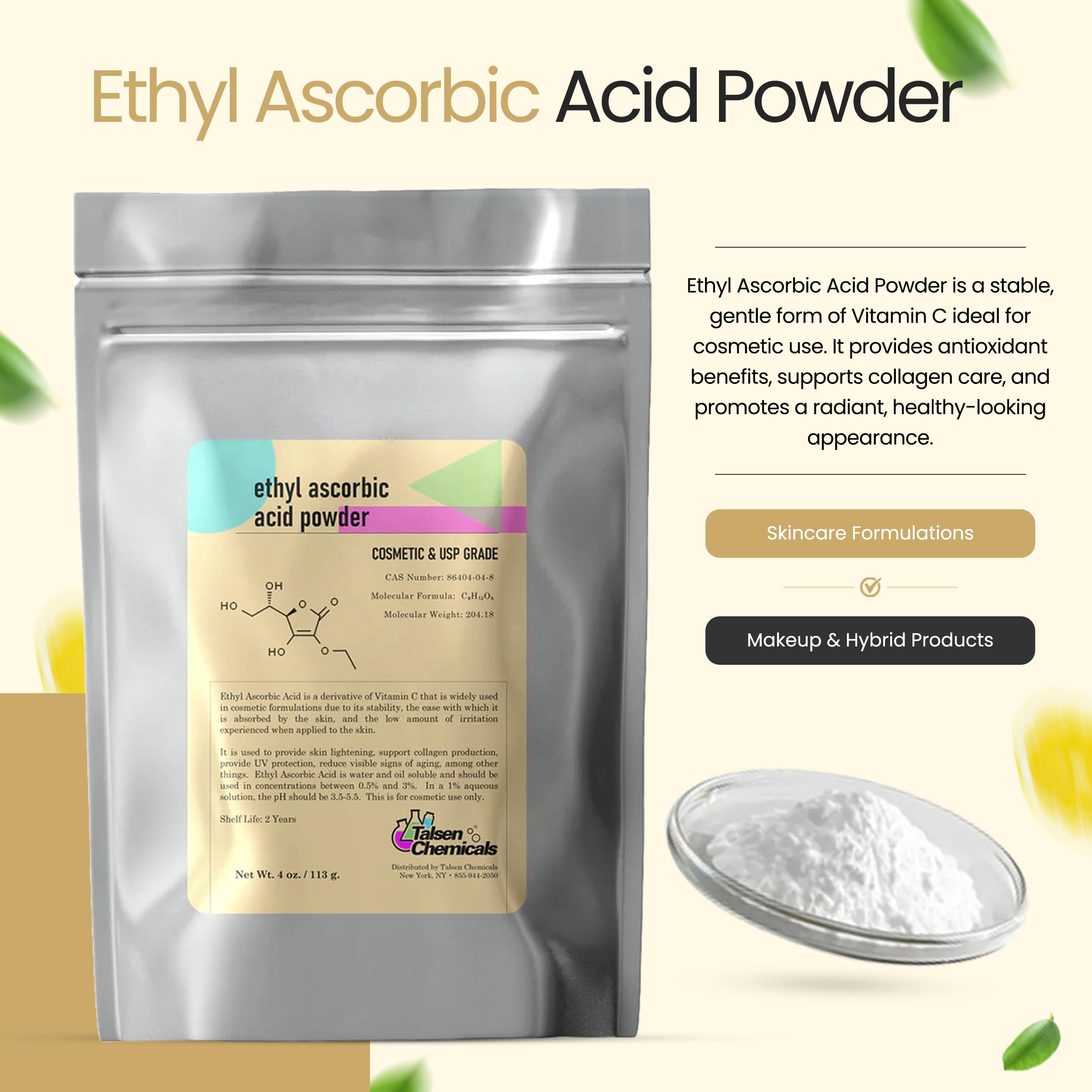 Talsen Chemicals Bouteille-poudre acide éthylascorbique, présentation pratique pour dosage.