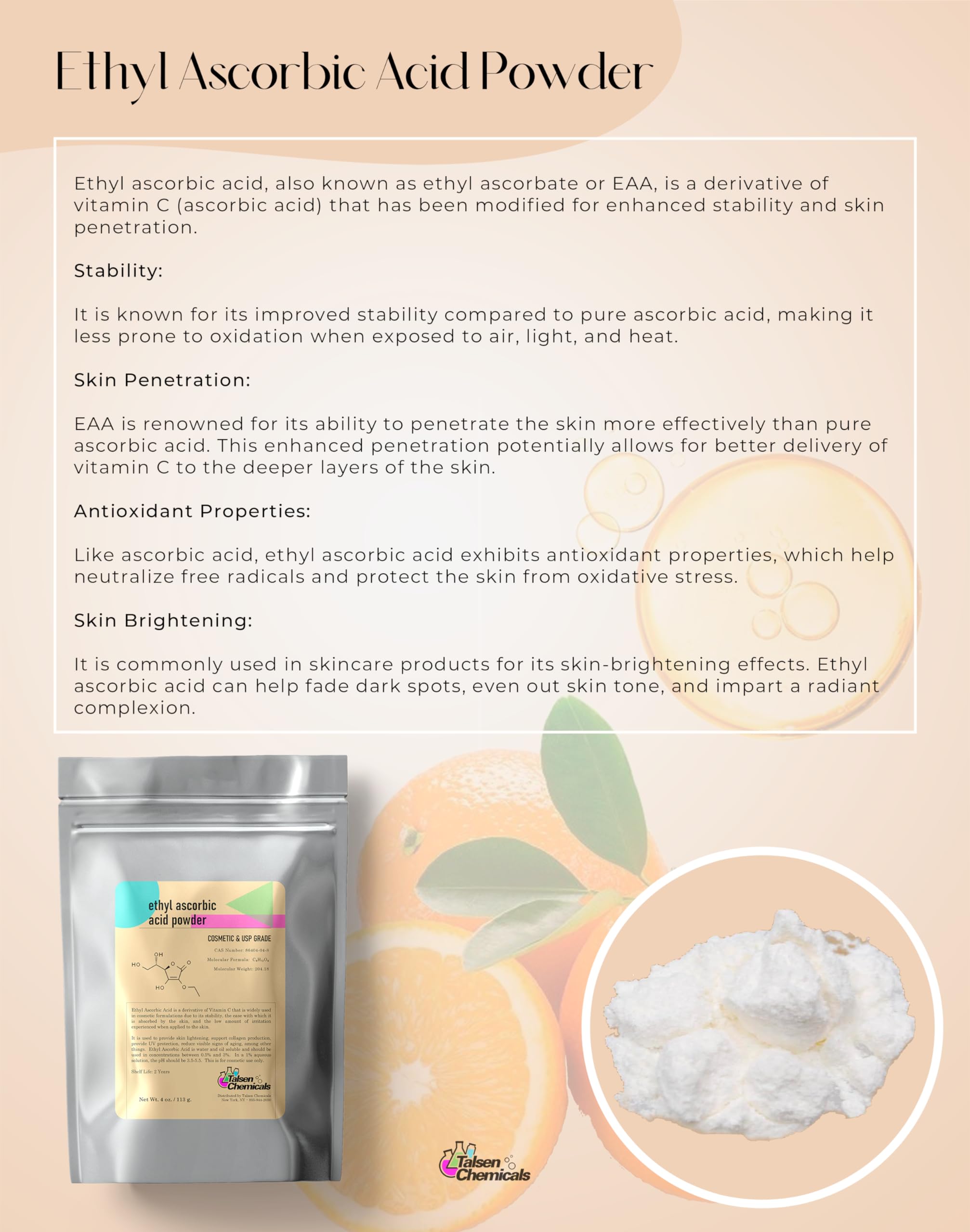 Talsen Chemicals Informations-ingredients acide éthylascorbique, transparence sur les composants.