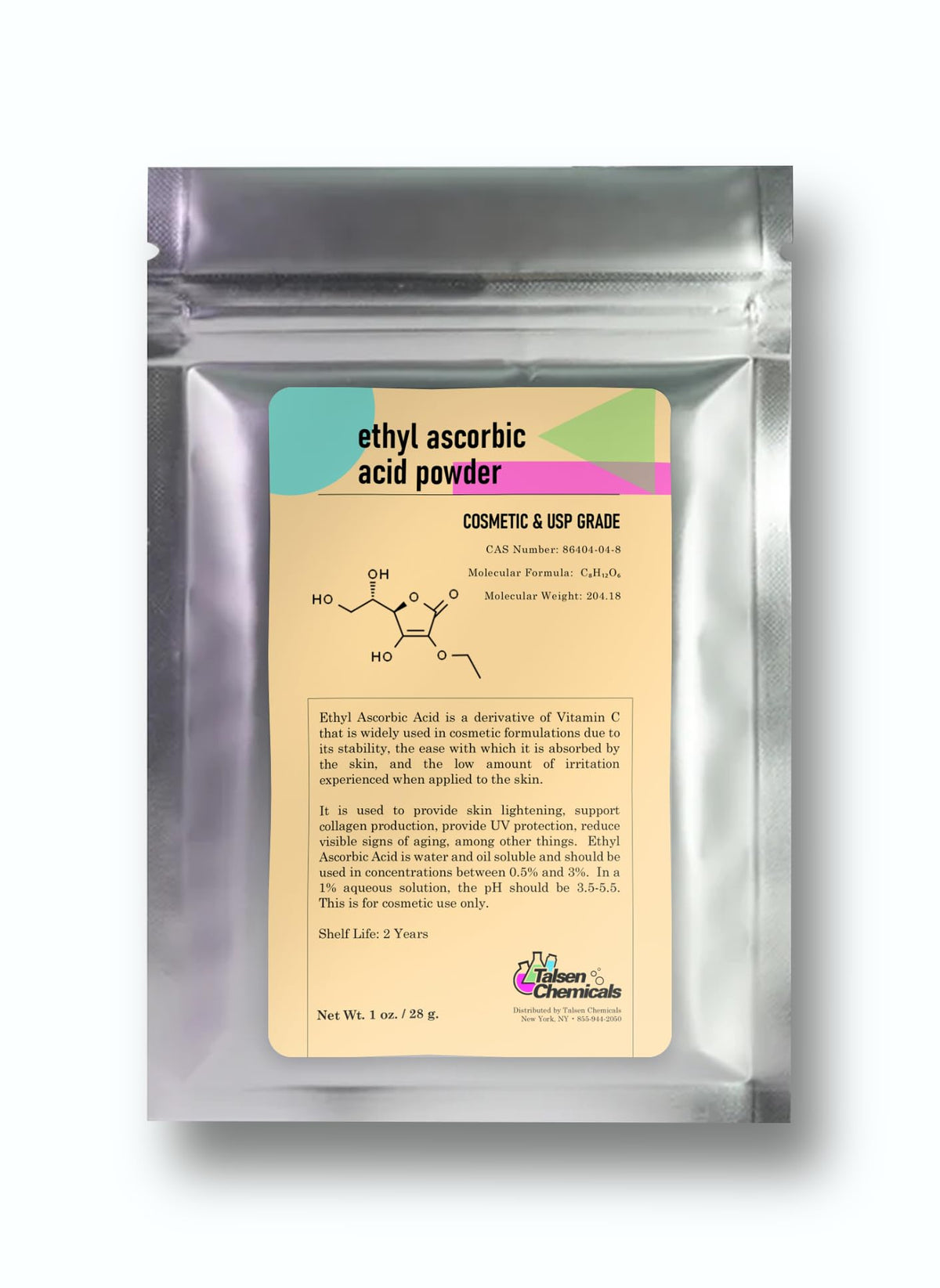 Talsen Chemicals Acide éthylascorbique en poudre, texture fine et prête à l’incorporation.