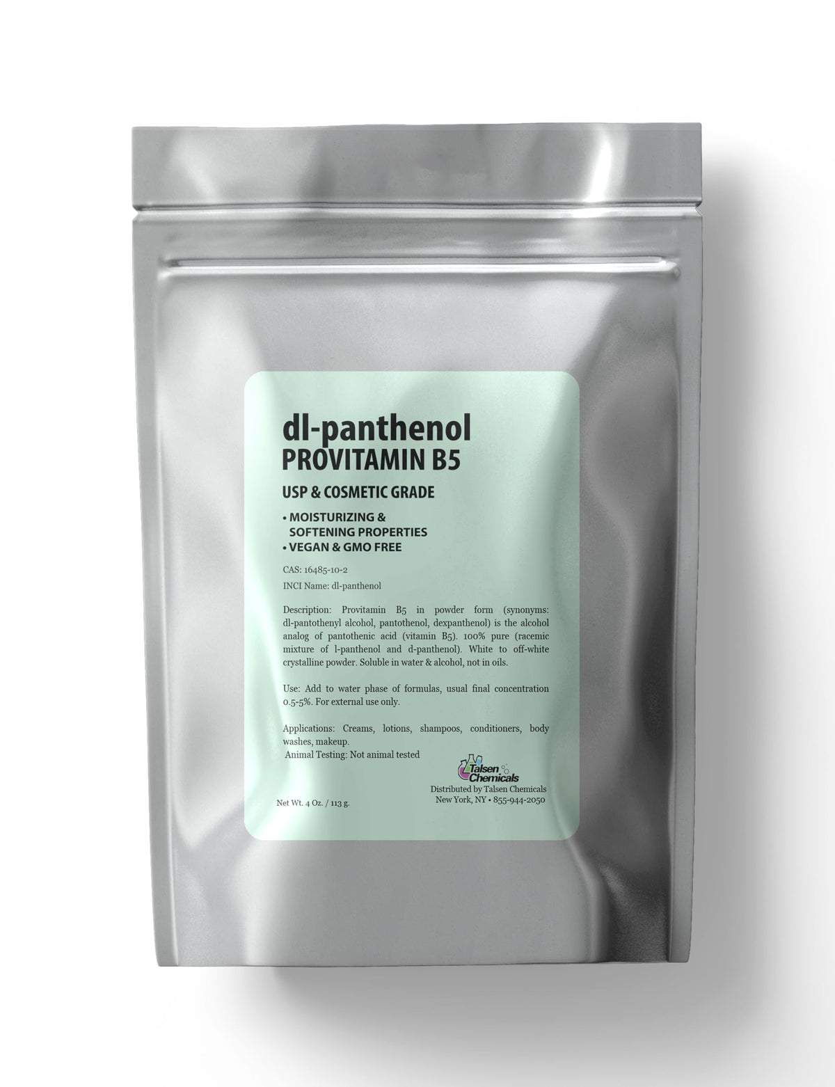 Poudre Provitamine B5 de Talsen Chemicals, hydratation pour peau et cheveux.