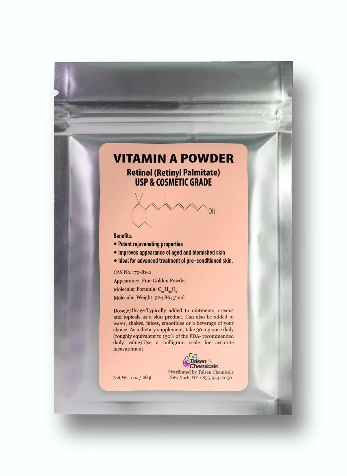 Talsen Chemicals vitamine A poudre Retinyl Palmitate – emballage prêt à formuler.
