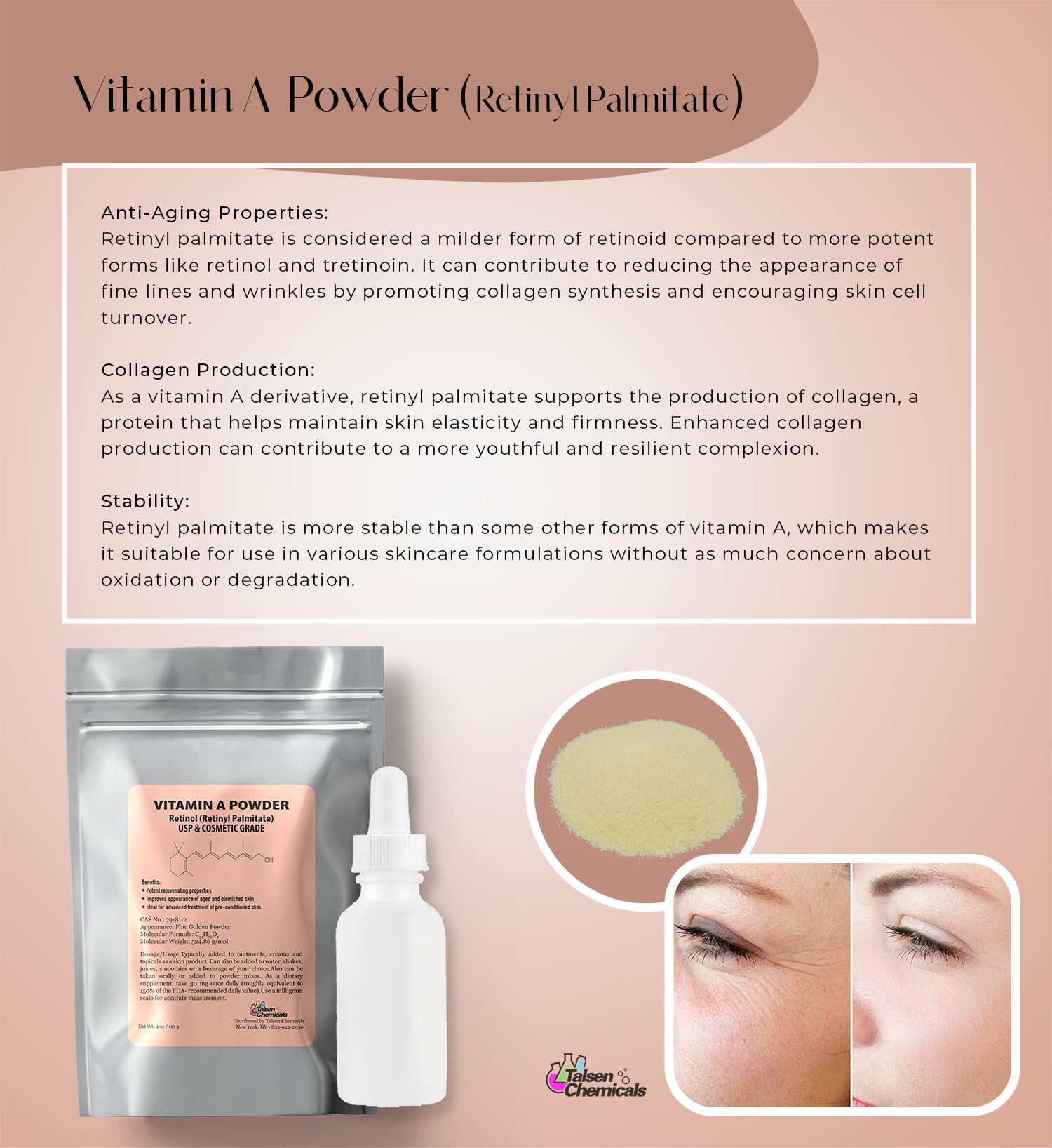 Talsen Chemicals vitamine A poudre Retinyl Palmitate – pot pratique pour dosage.