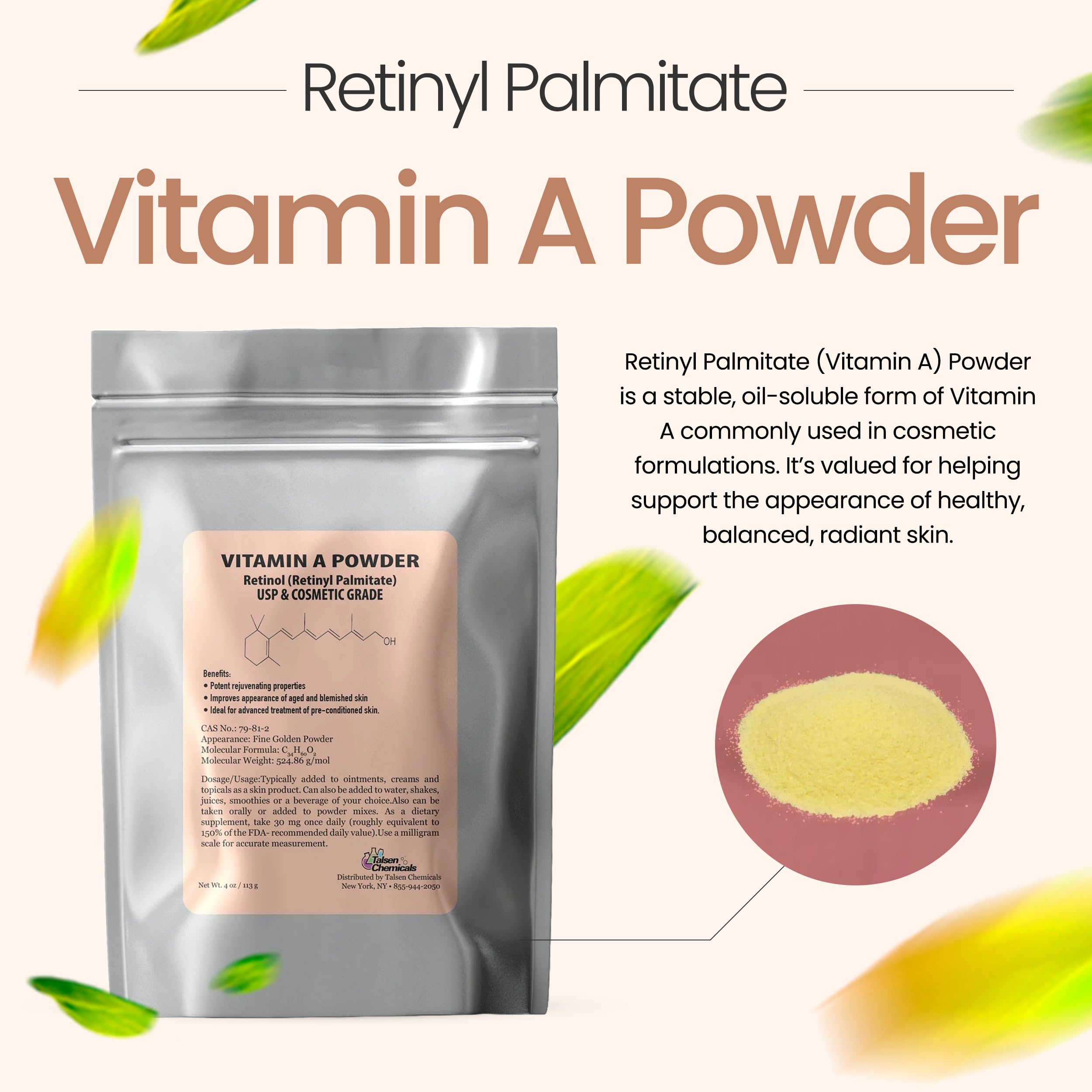 Talsen Chemicals vitamine A poudre Retinyl Palmitate – texture poudre fine idéale.