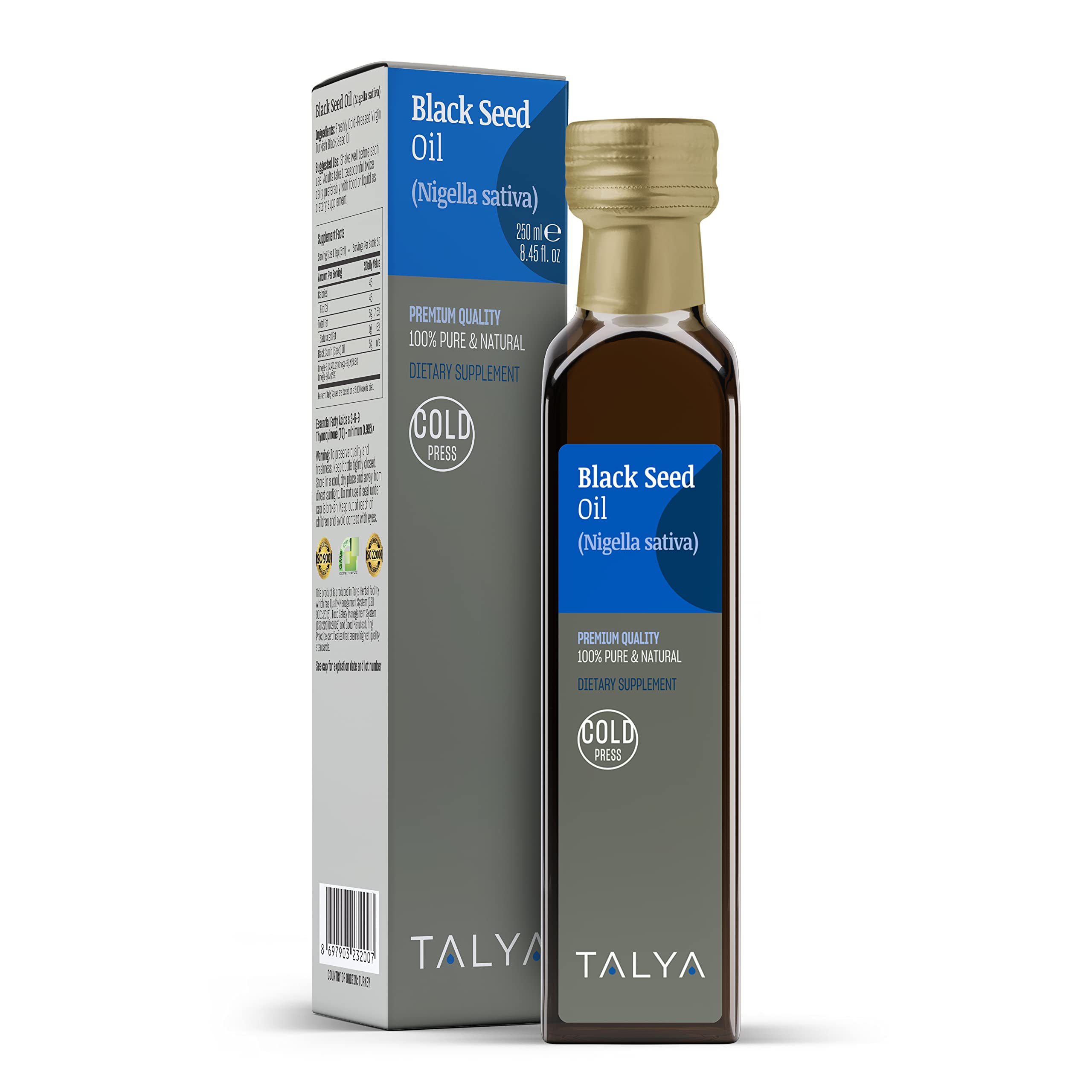 Talya huile noire – bouteille teintée protège la pureté et la fraîcheur.