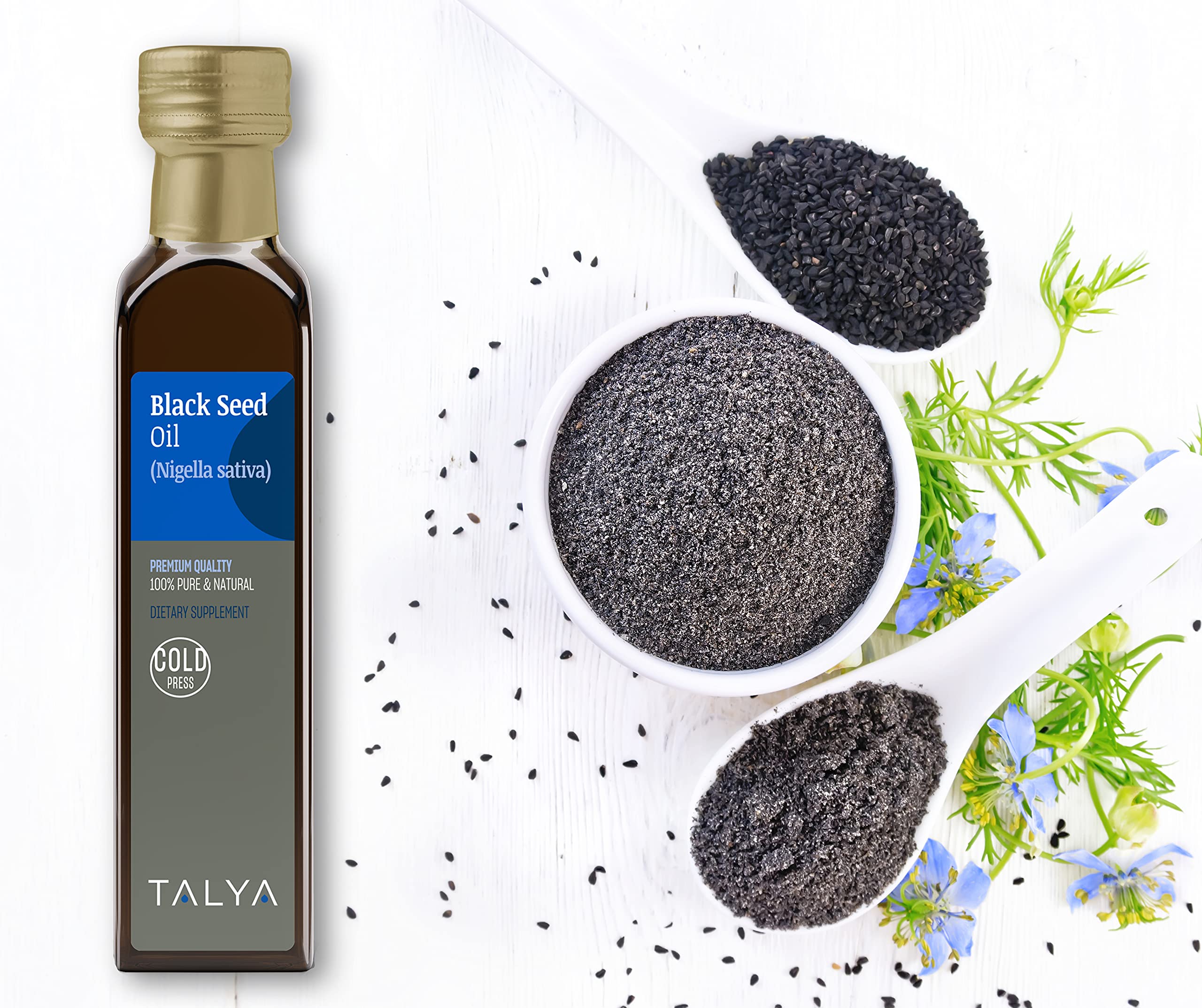 Talya huile noire – bouteille en verre sombre prolongeant la fraîcheur.
