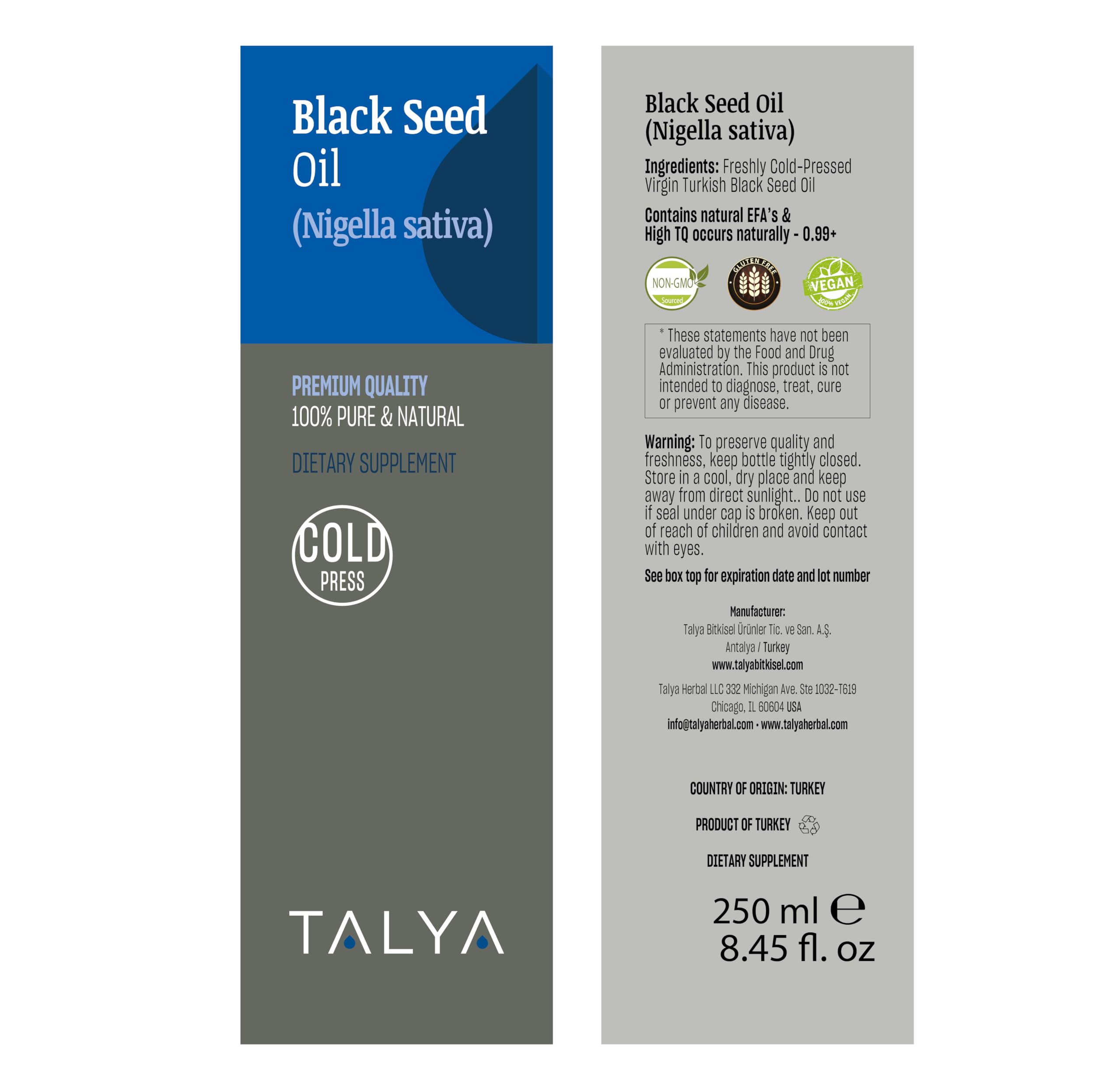 Talya huile noire – emballage sans plastique reflétant un choix responsable.