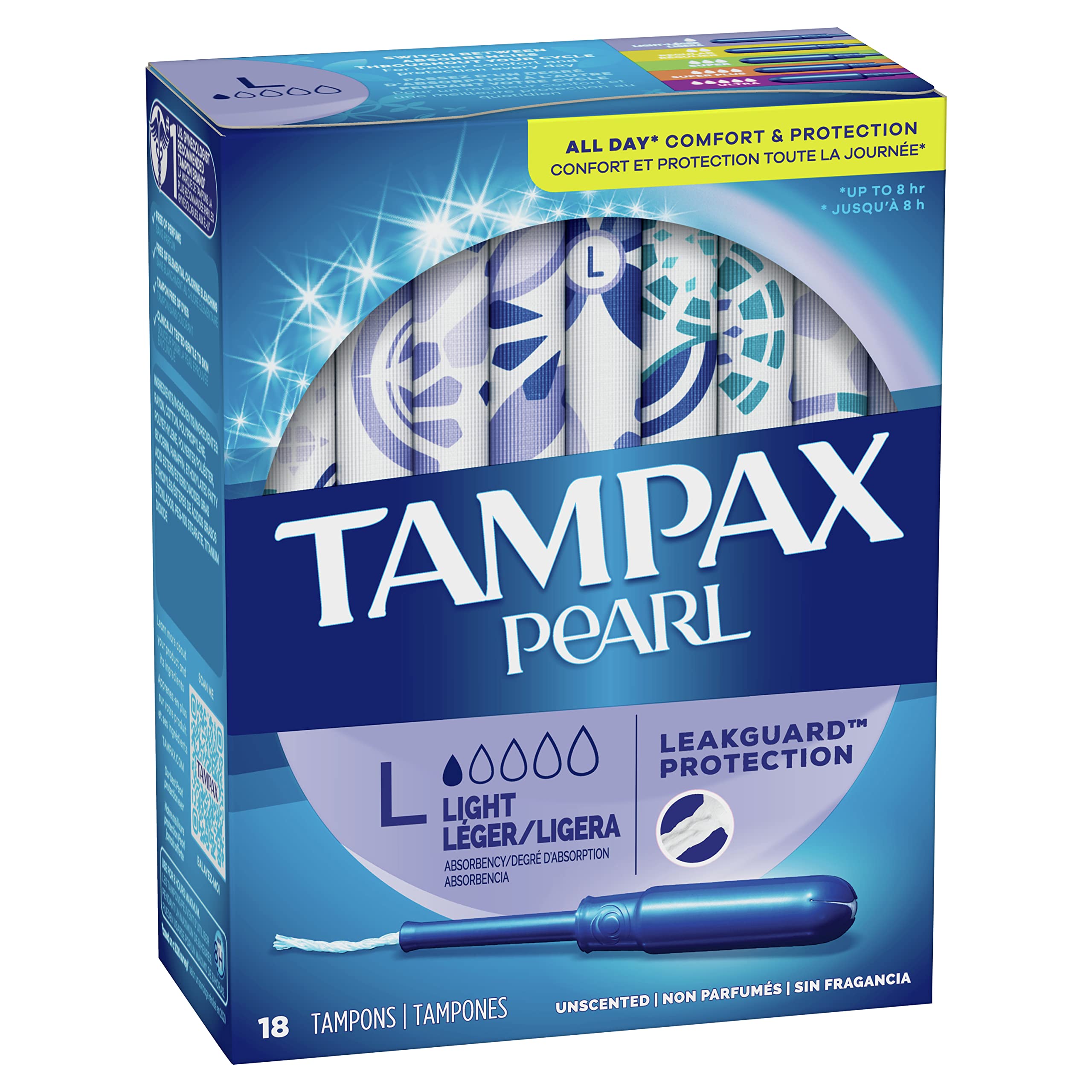 Tampons Tampax Pearl − emballage discret de 18 unités.