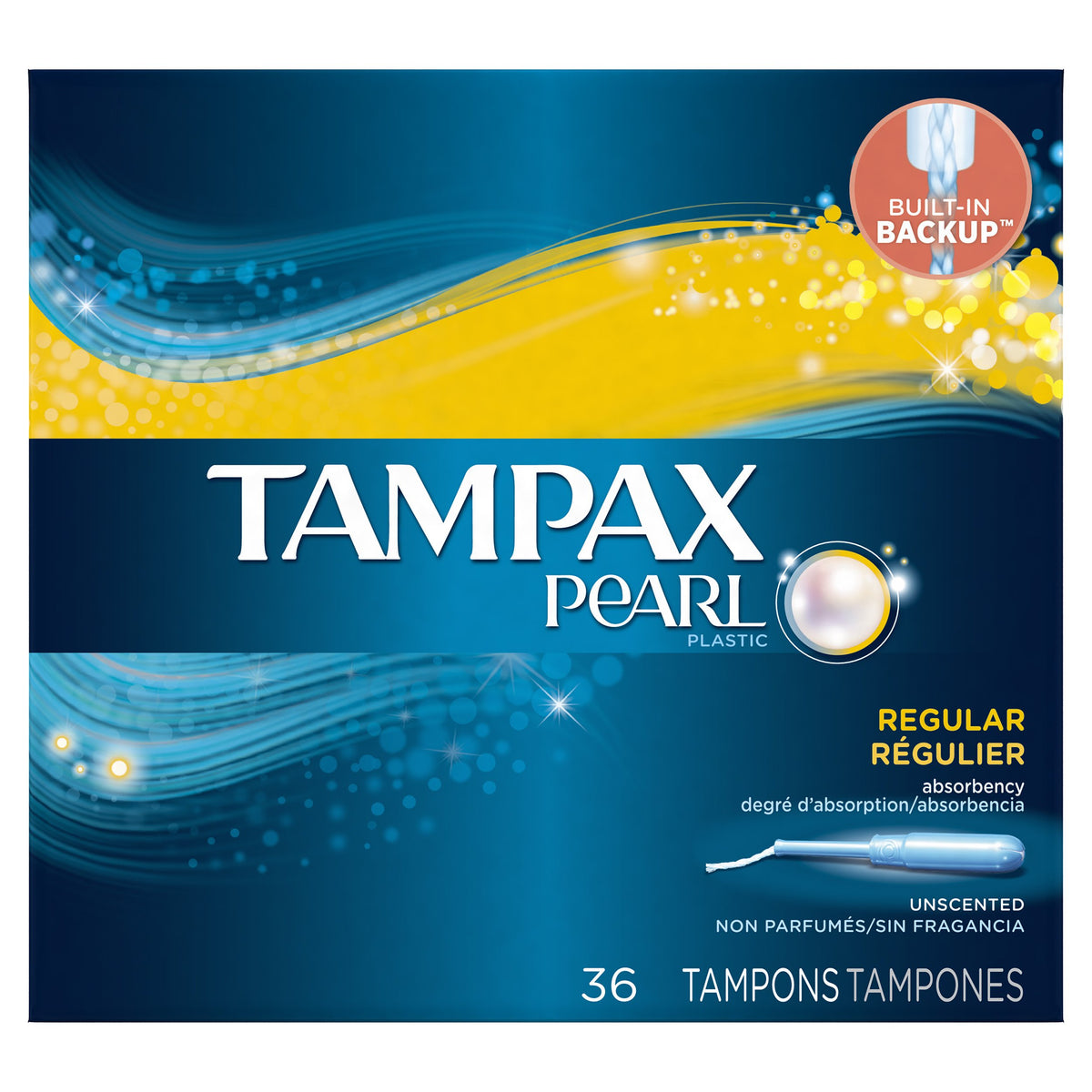 Tampons Tampax Pearl Plastique, absorbance régulière sans parfum, confort et sécurité au quotidien.