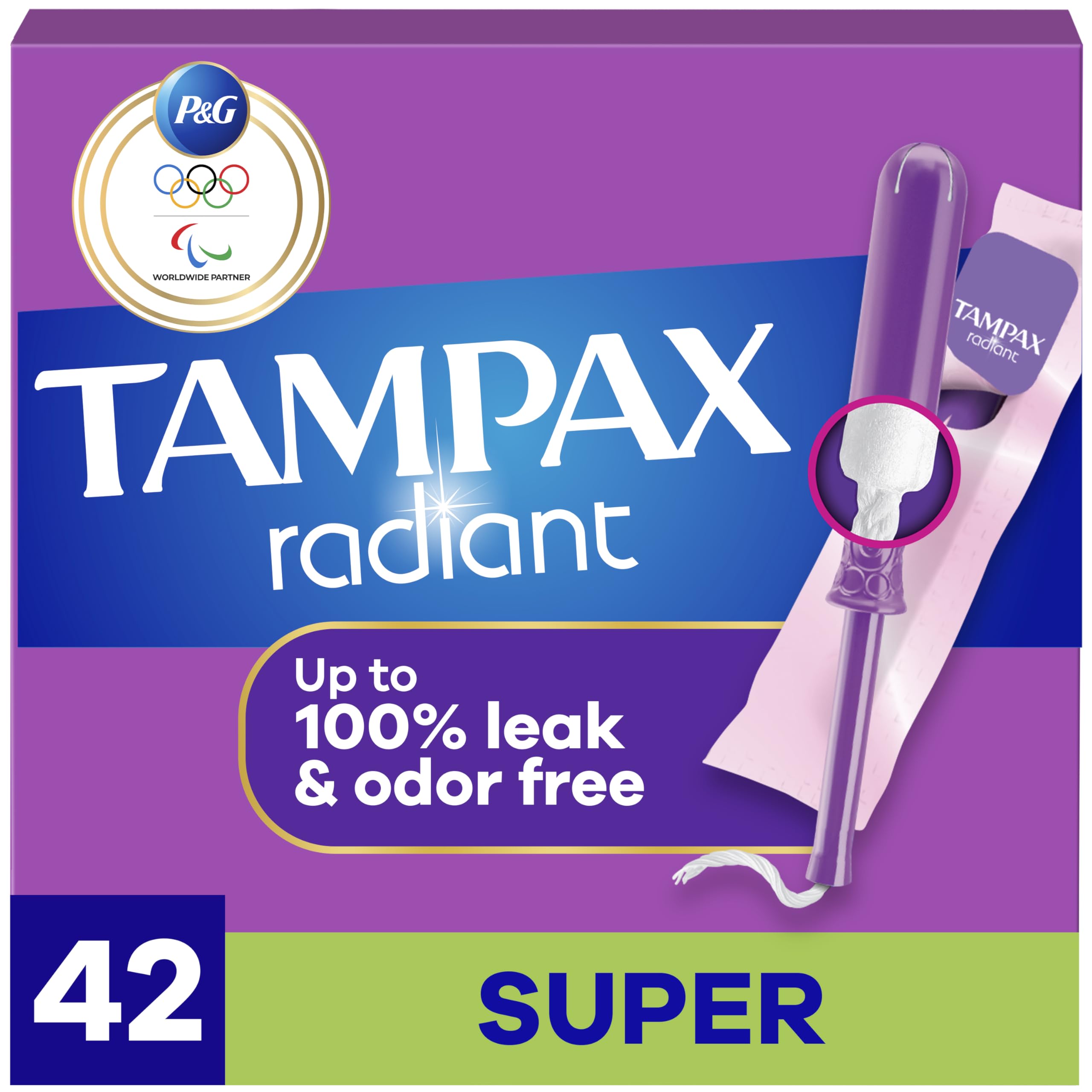 Tampons Tampax Radiant avec LeakGuard Braid pour prévenir les fuites discrètement
