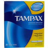 Tampon Tampax avec applicateur en carton jetable, pratique en déplacement.