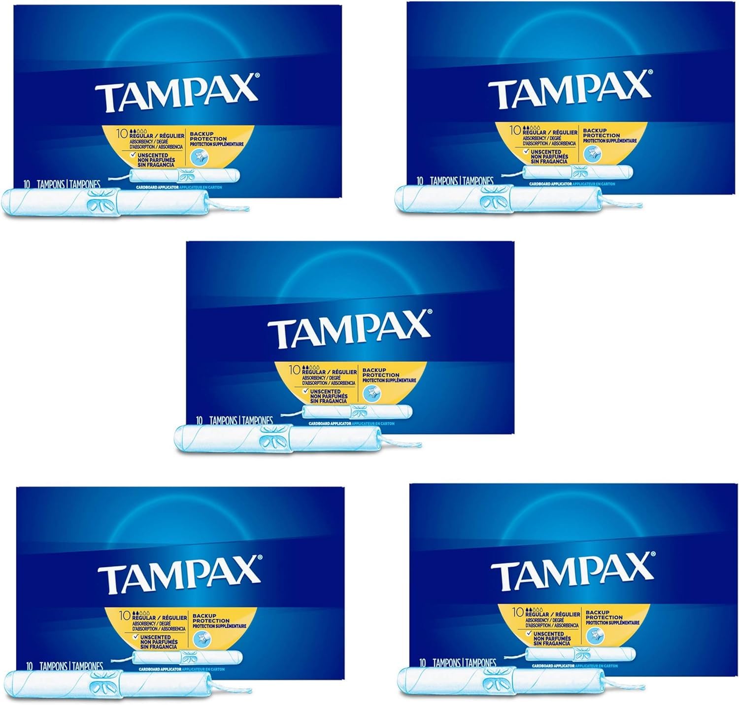 Tampons Tampax Absorbance Régulière, emballage de 5 boîtes, pratique au quotidien.