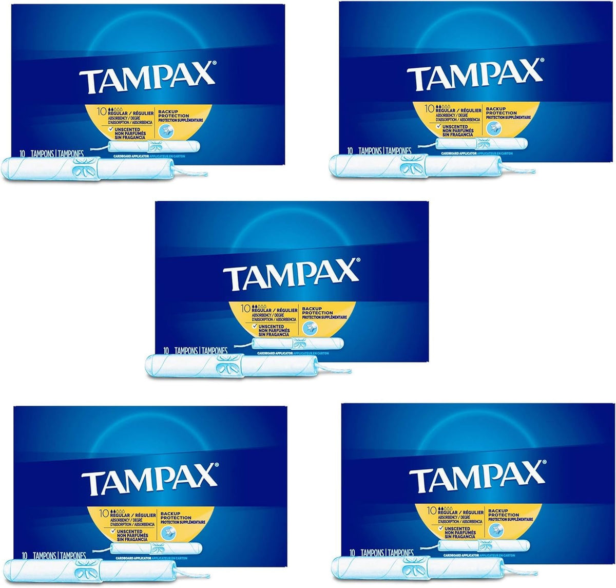 Tampons Tampax Absorbance Régulière, emballage de 5 boîtes, pratique au quotidien.