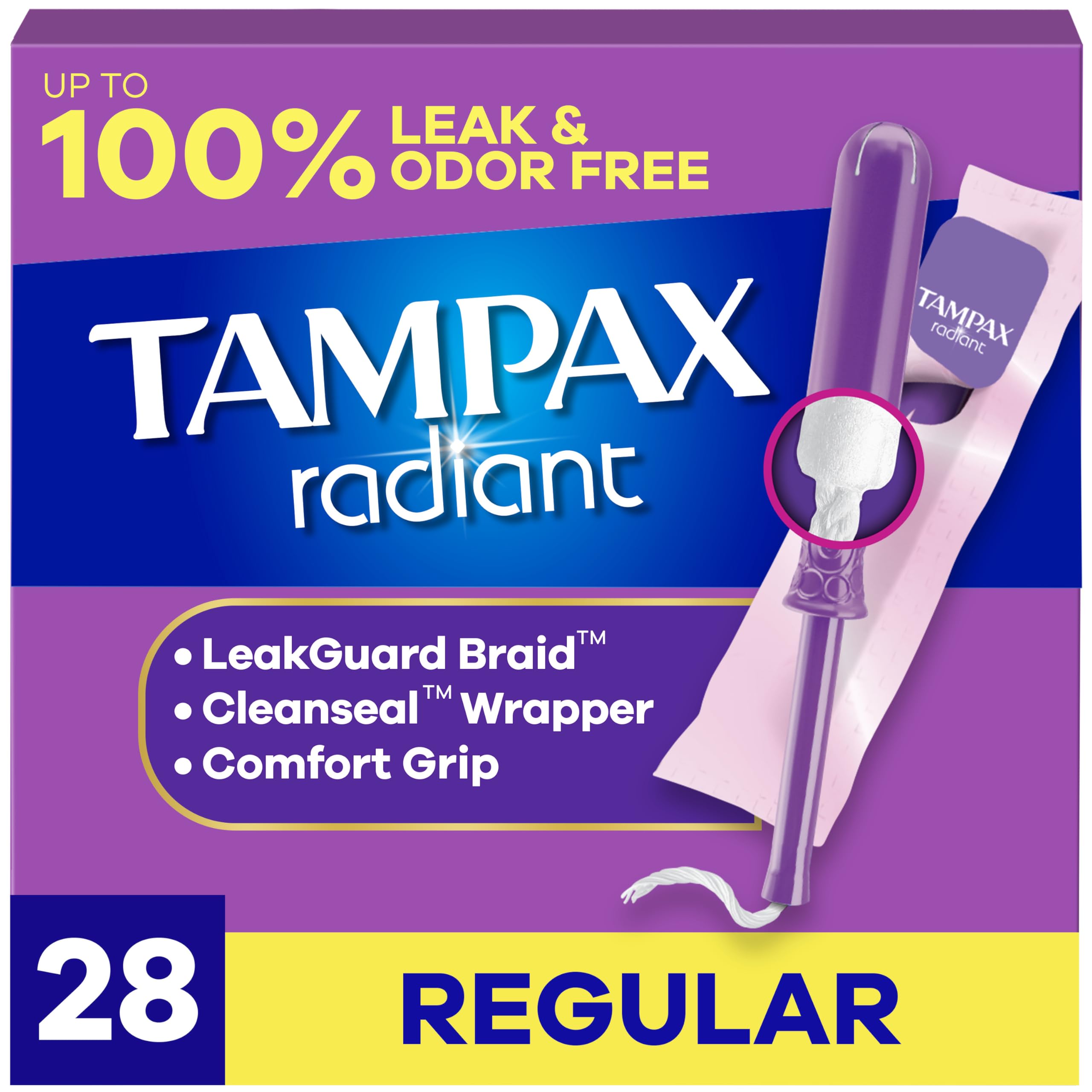 Tampons Tampax Radiant emballage discret, pratique à transporter.