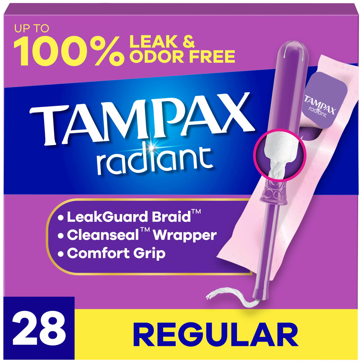 Tampons Tampax Radiant emballage discret, pratique à transporter.