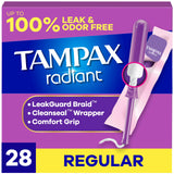 Tampons Tampax Radiant emballage discret, pratique à transporter.
