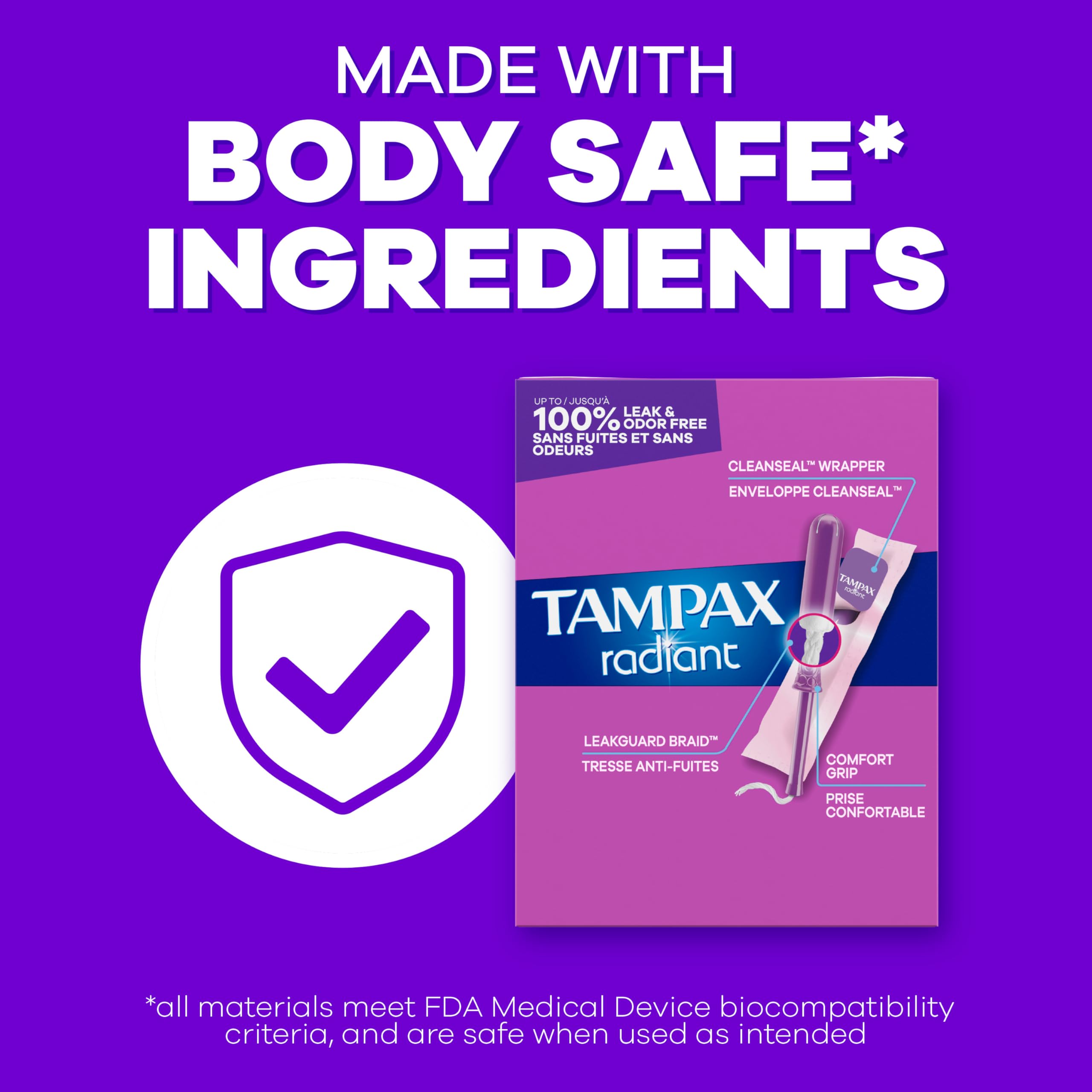 Tampons Tampax Radiant emballage hygiénique pour élimination rapide.