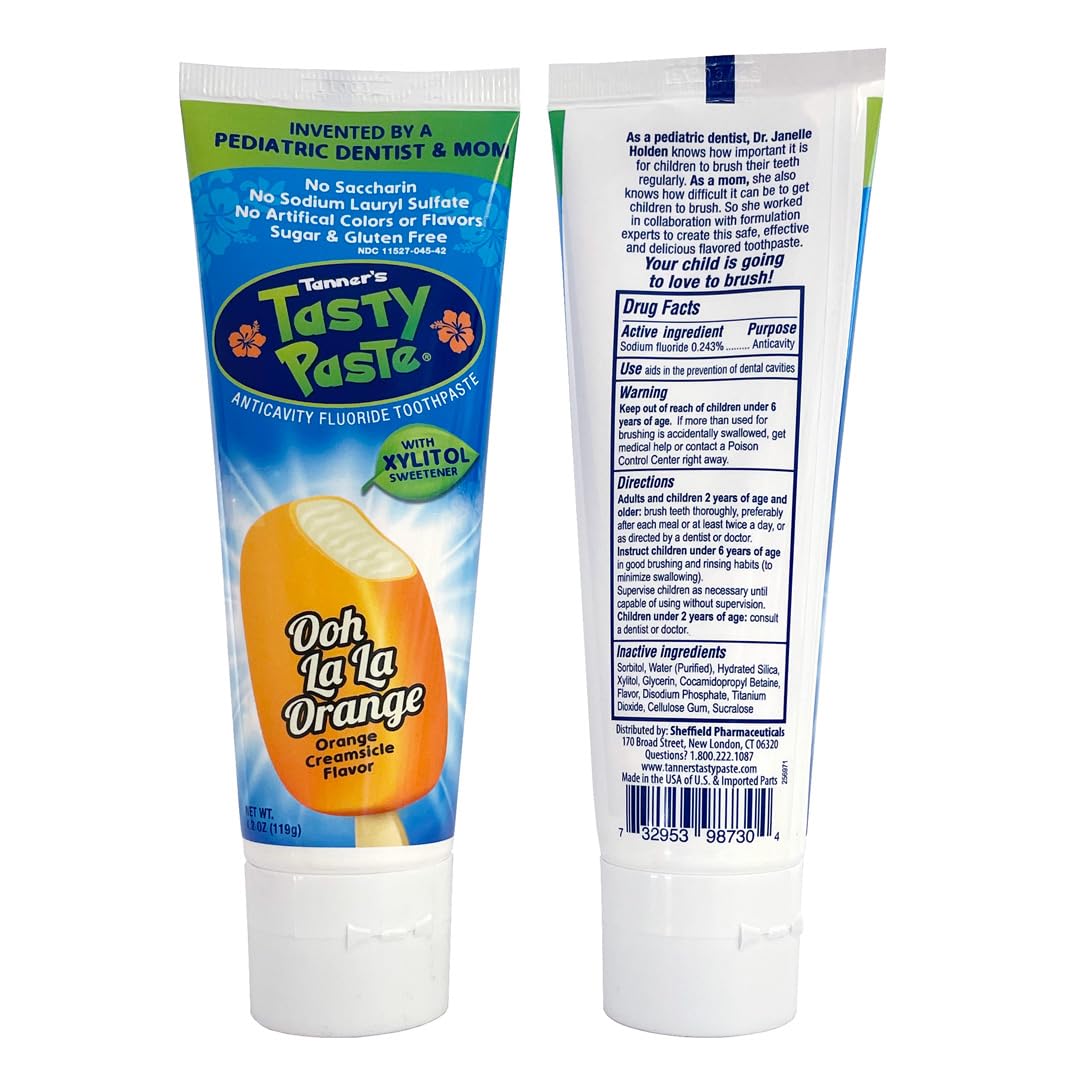 Tanner's Tasty Paste avec fluorure, visuel pédagogique pour l'hygiène dentaire.