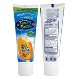 Tanner's Tasty Paste avec fluorure, visuel pédagogique pour l'hygiène dentaire.