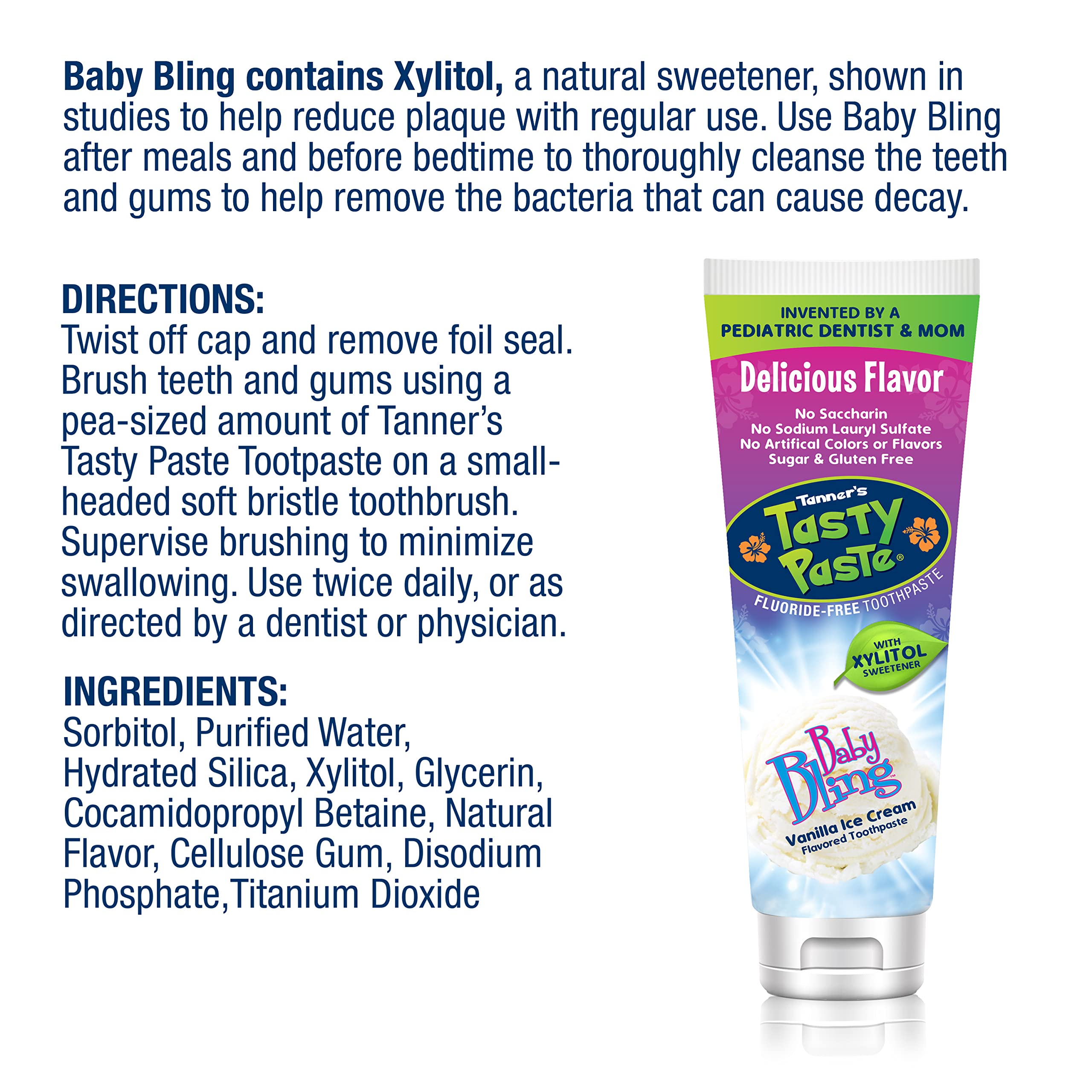 Enfant utilisant Tanner's Tasty Paste Baby Bling sans fluorure, expérience de brossage douce.