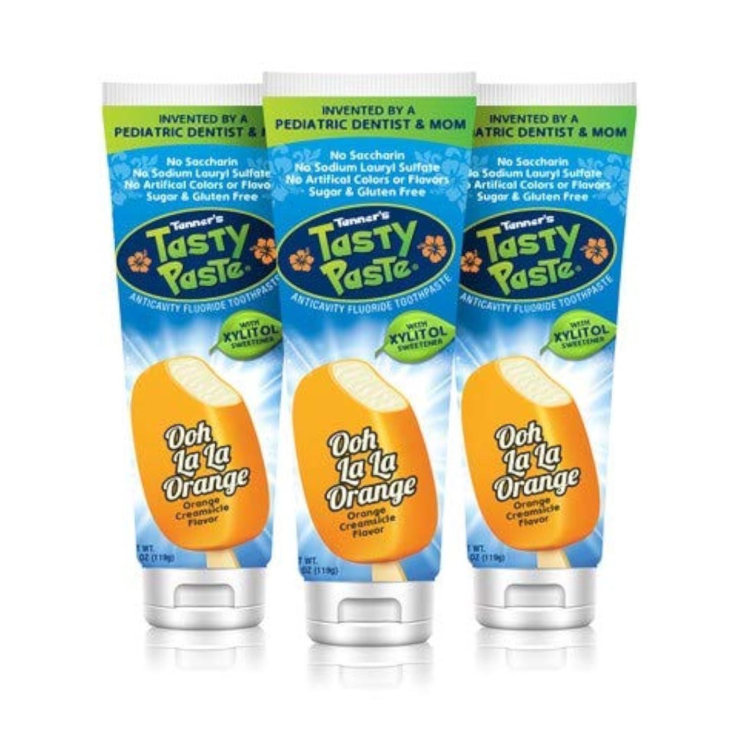 Tanner's Tasty Paste orange-tube: goût doux et sans menthe pour encourager le brossage des enfants.