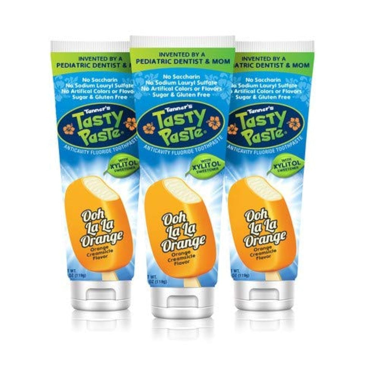 Tanner's Tasty Paste orange-tube: goût doux et sans menthe pour encourager le brossage des enfants.