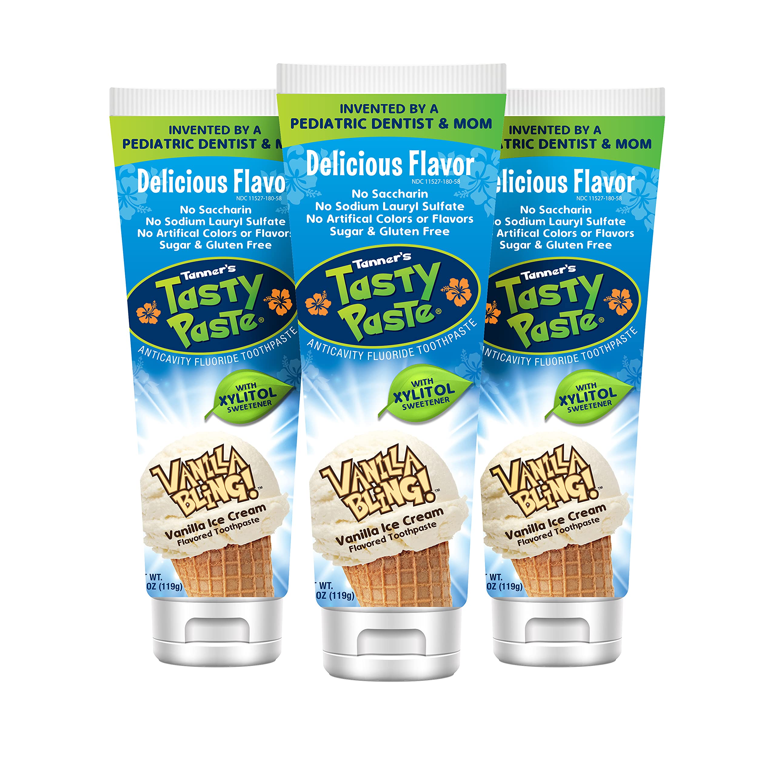 Tanner's Tasty Paste Vanilla Bling, flacon: goût vanille apprécié par les enfants.