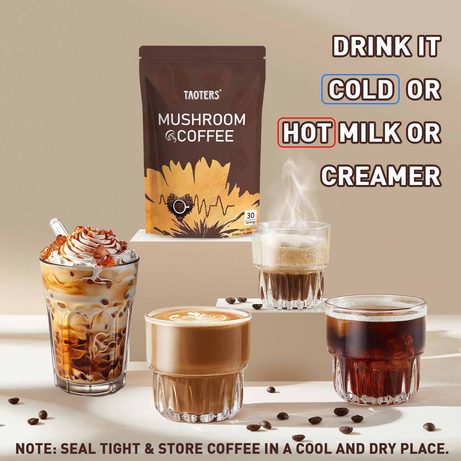 TAOTERS Café Champignon Huile MCT et Coco: mélange crémeux prêt à boire.