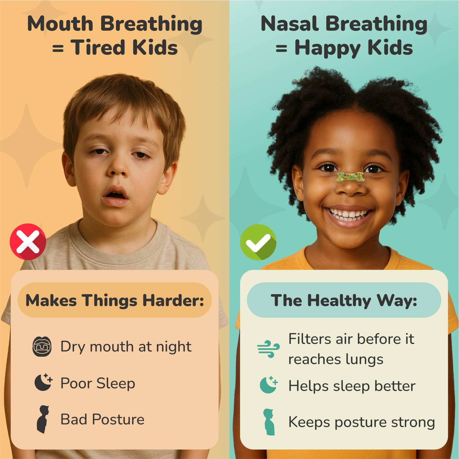 Bandes nasales TapeGeeks adhésif doux respectant la peau sensible de l’enfant.