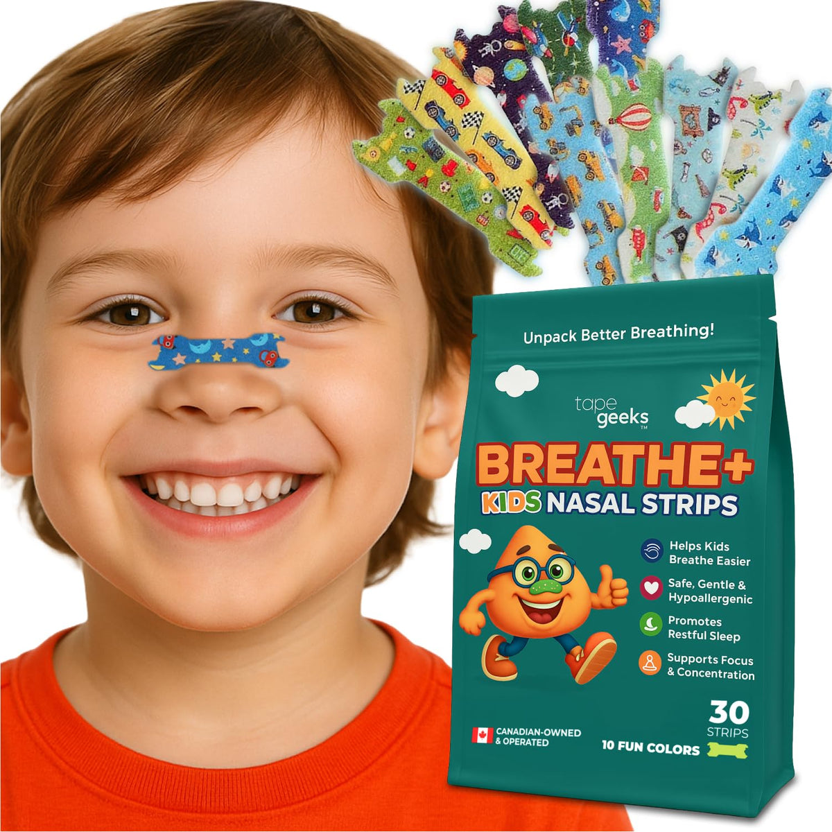 TapeGeeks Bandes nasales enfant colorées facilitant la respiration nocturne.