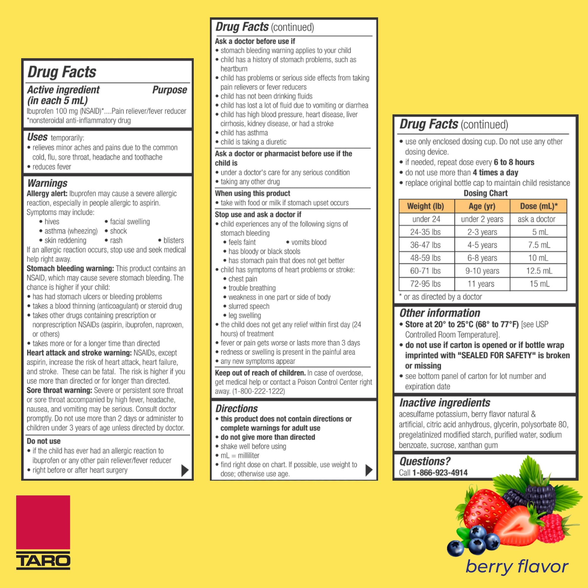 Étiquette framboise TARO suspension ibuprofène enfant, goût agréable facilitant l administration