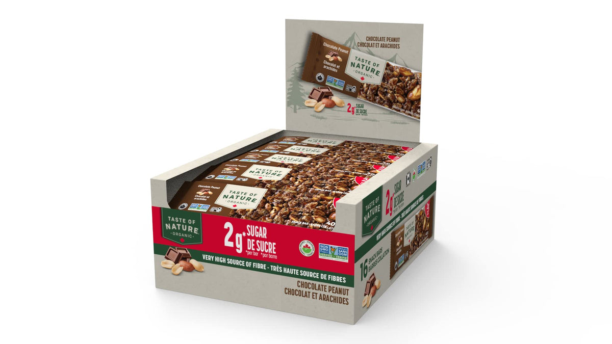 Taste of Nature barre chocolat cacahuète emballage, snack pratique et sain pour déplacements