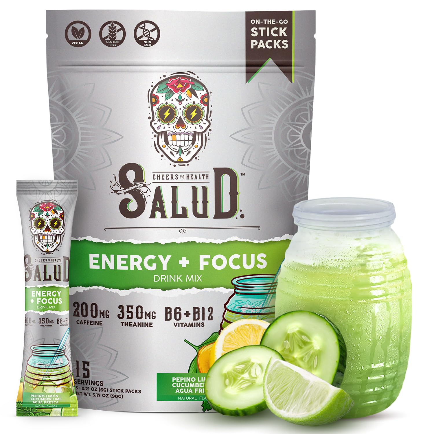 Taste Salud énergie et concentration avec poudre concombre-lime prête à dissoudre.