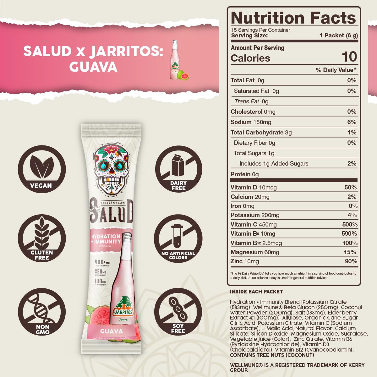 Électrolytes Salud Jarritos avec poudre coco, hydratation quotidienne.